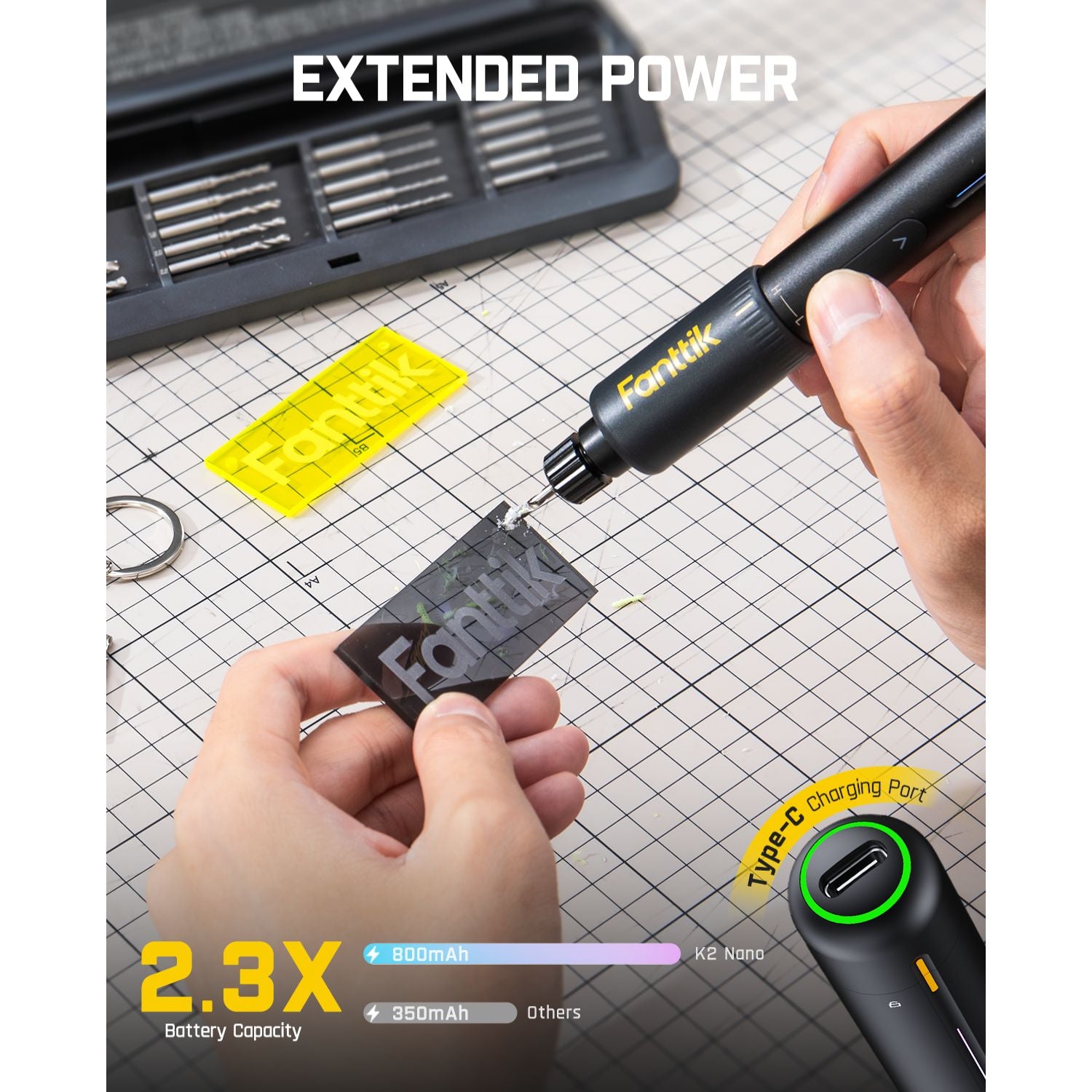 Fanttik K2 Nano 3.7V Power Drill, Mini Precision Electric Driver, 20 Drill Bits, 800mAh Rechargeable, Tool Kit for DIY Projects Shell, Plastic, Resin Keychain, PCB, Aluminum Plate