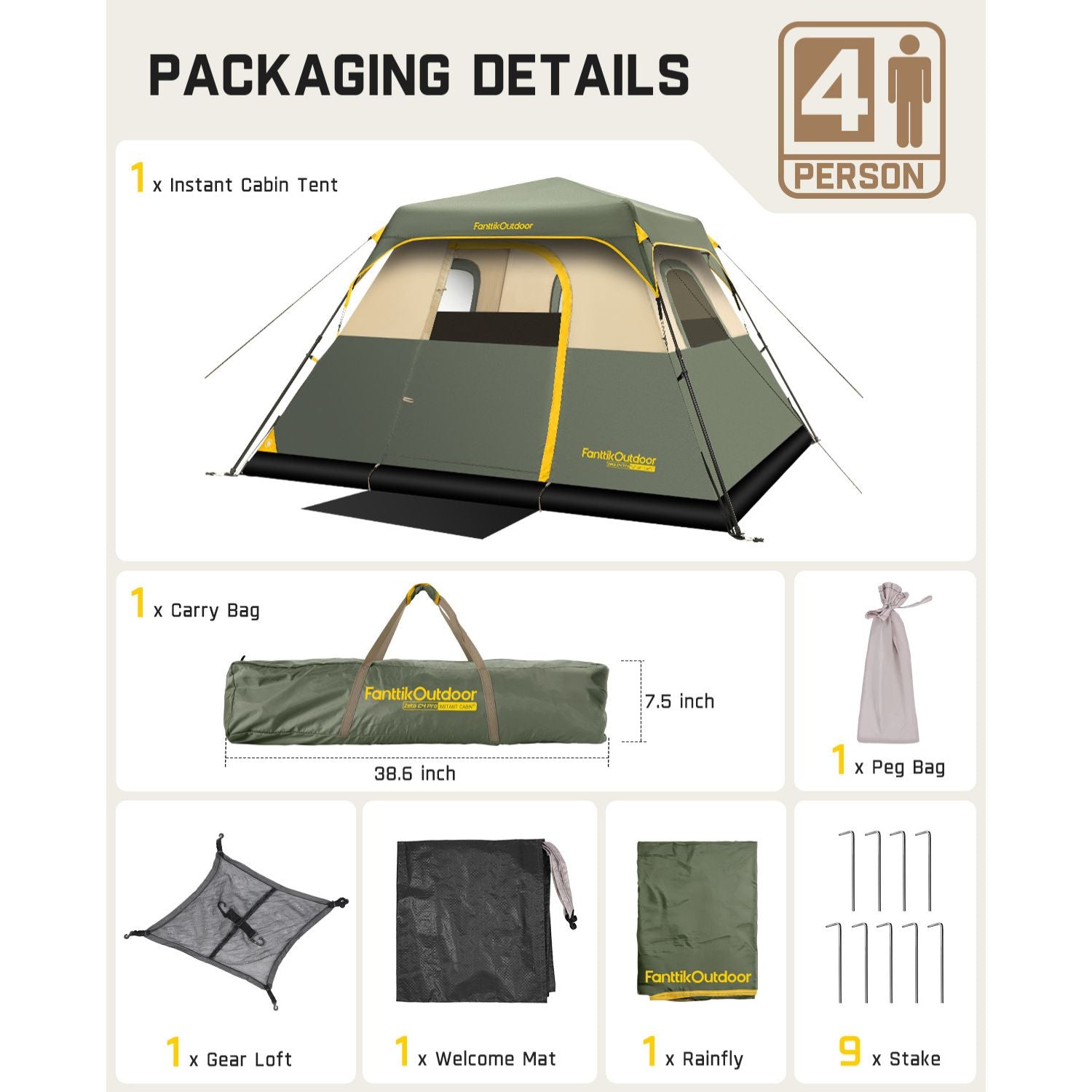 FanttikOutdoor Zeta C4 Pro Camping Tent 4 Person Instant Cabin Tent Setup in 60 Seconds with Rainfly & Windproof Portable Tent with Carry Bag for Family Camping & Hiking