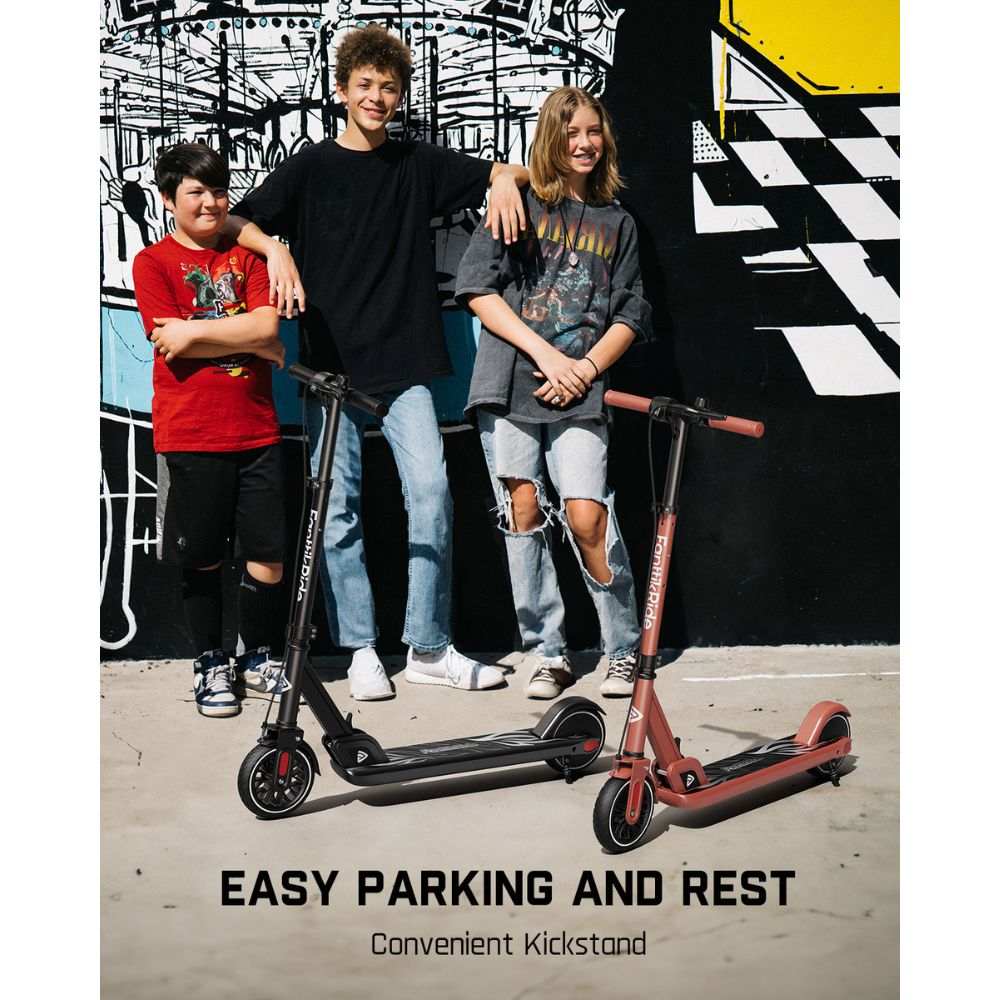 Three teenagers with FanttikRide T9 Electric Scooters, showing easy parking and rest with convenient kickstands