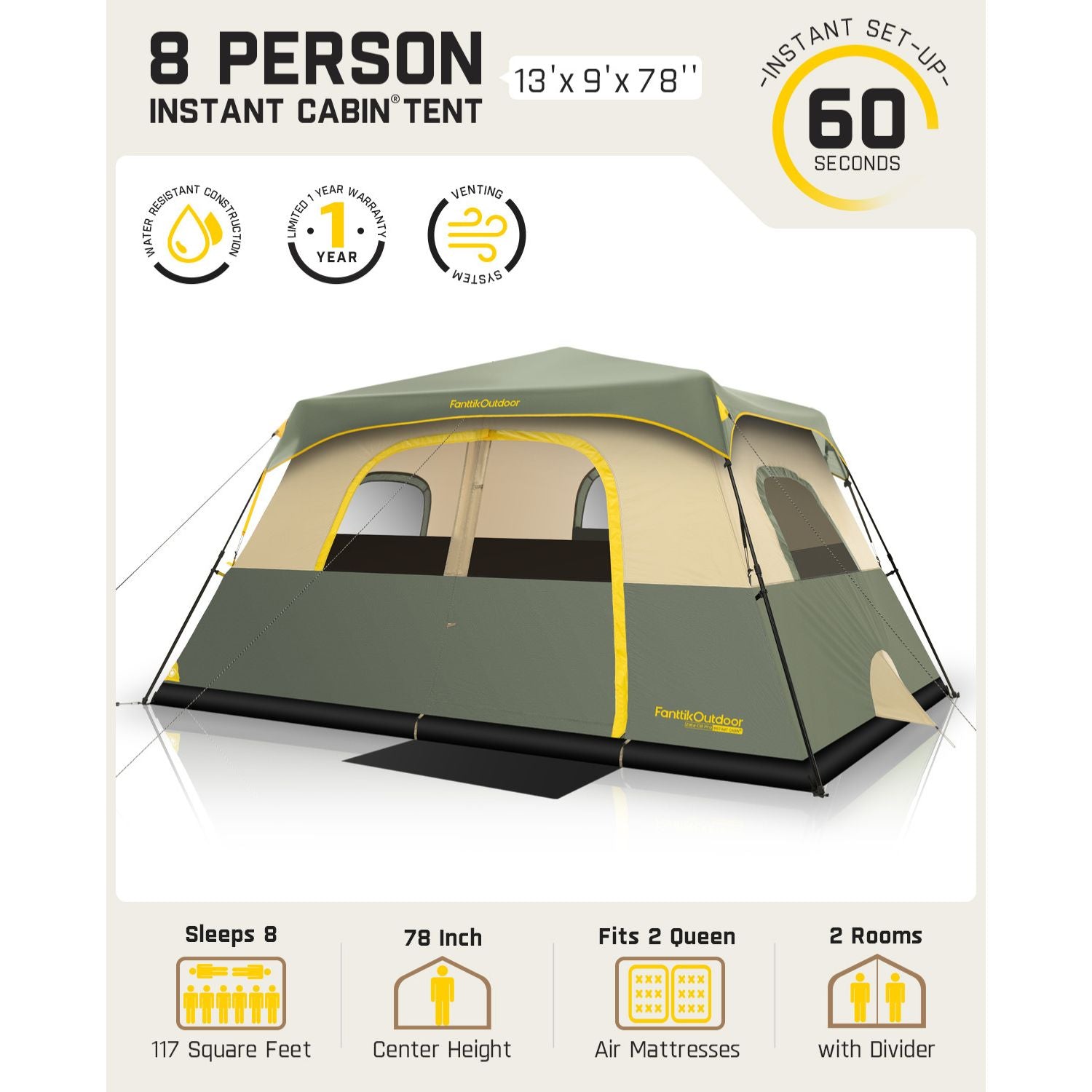 FanttikOutdoor Zeta C8 Pro Camping Tent 8 Person Instant Cabin Tent Setup in 60 Seconds with Rainfly & Windproof Portable Tent with Carry Bag for Family Camping & Hiking