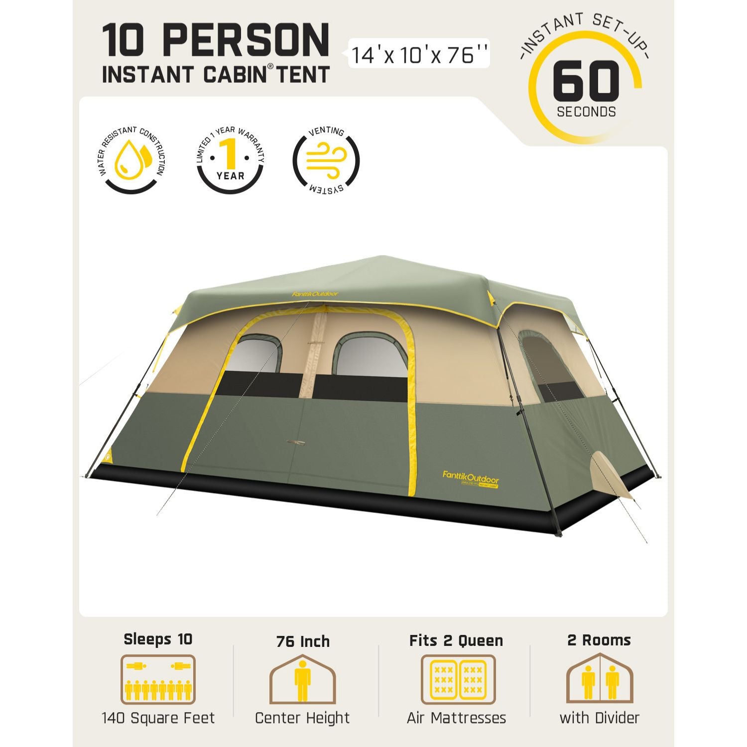 FanttikOutdoor Zeta C10 Pro Camping Tent 10 Person Instant Cabin Tent Setup in 60 Seconds with Rainfly & Windproof Portable Tent with Carry Bag for Family Camping & Hiking