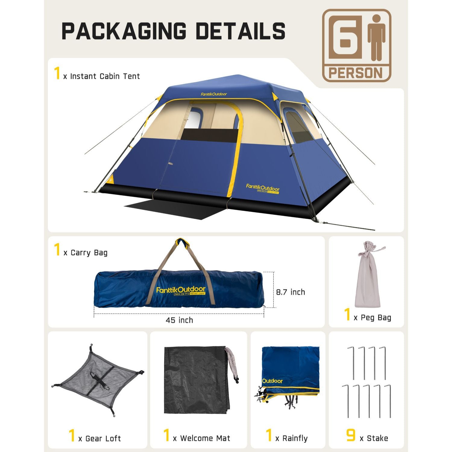 FanttikOutdoor Zeta C6 Pro Camping Tent 6 Person Instant Cabin Tent Setup in 60 Seconds with Rainfly & Windproof Portable Tent with Carry Bag for Family Camping & Hiking