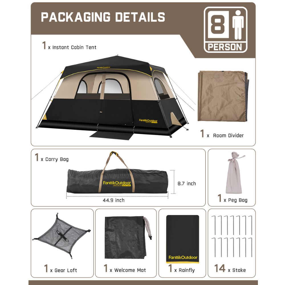 FanttikOutdoor Zeta C8 Pro Instant Cabin Tent 8 Person Camping Tent Setup in 60 Seconds with Rainfly & Windproof Tent with Carry Bag for Family Camping & Hiking, Upgraded Ventilation