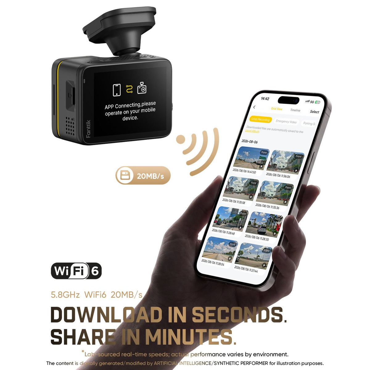 The image features a pure white background with a Fantik dashcam in the top left corner and a hand holding a phone in the bottom right. Between them is an icon showing the dashcam's signal transmission to the phone, labeled "20MB/s". The phone screen displays the dashcam's app interface. The bottom of the image reads: "OWNLOAD IN SECONDS. SHARE IN MINUTES", "5.8GHz WiFi 6 20MB/s".