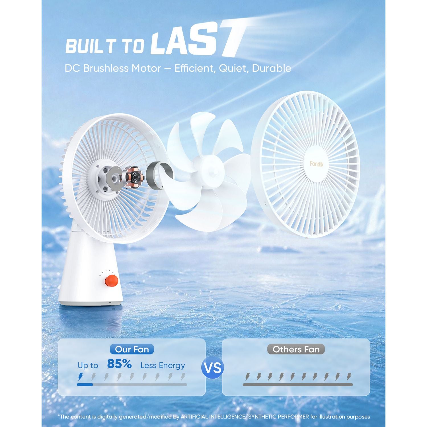 A promotional graphic for a small white desk fan with a transparent front and orange power button. The image shows the fan body, a floating fan blade in the center, and a second fan silhouette on the right, with text reading 'BUILT TO LAST' and comparison callouts at the bottom.