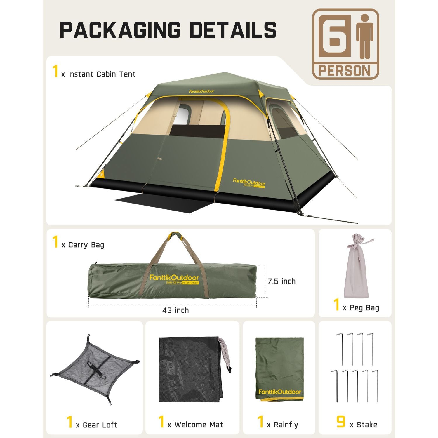 FanttikOutdoor Zeta C6 Pro Camping Tent 6 Person Instant Cabin Tent Setup in 60 Seconds with Rainfly & Windproof Portable Tent with Carry Bag for Family Camping & Hiking