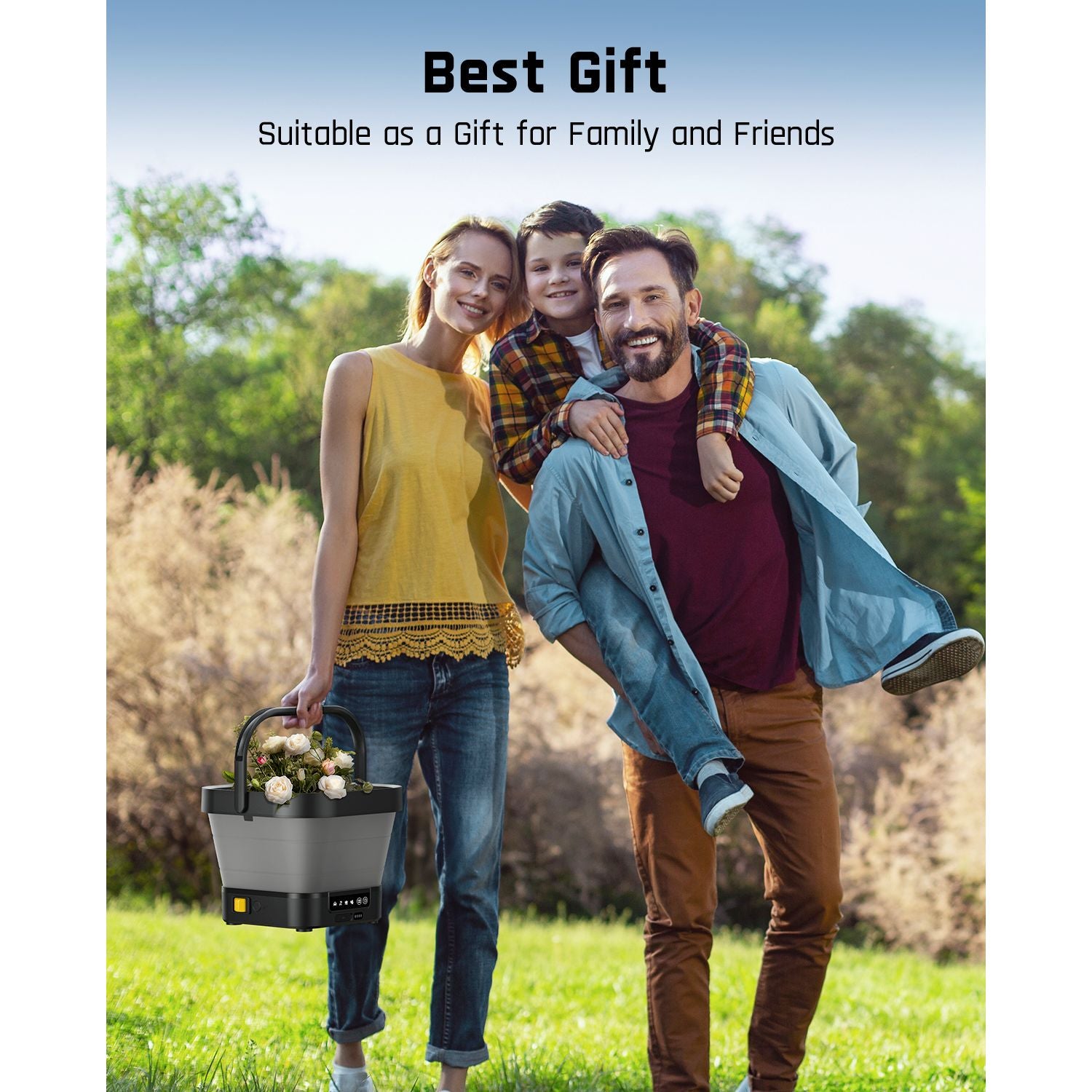 Family enjoying outdoors with woman holding the Fanttik NB8 Fold Cordless Pressure Washer filled with flowers. Text reads 'Best Gift' and 'Suitable as a Gift for Family and Friends.'