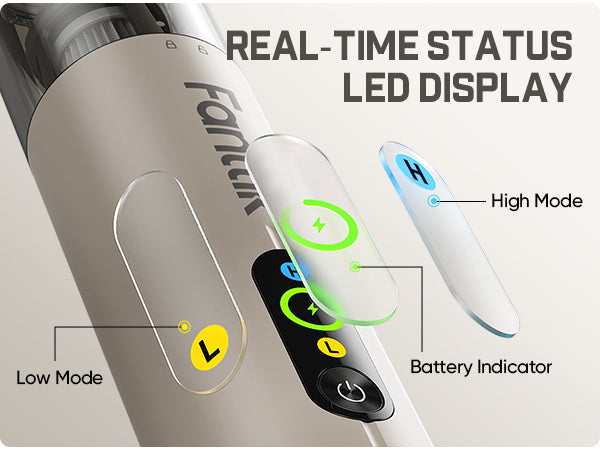 Fanttik Slim V10 Ultra Cordless Car Vacuum with real-time status LED display and mode indicators on a white background