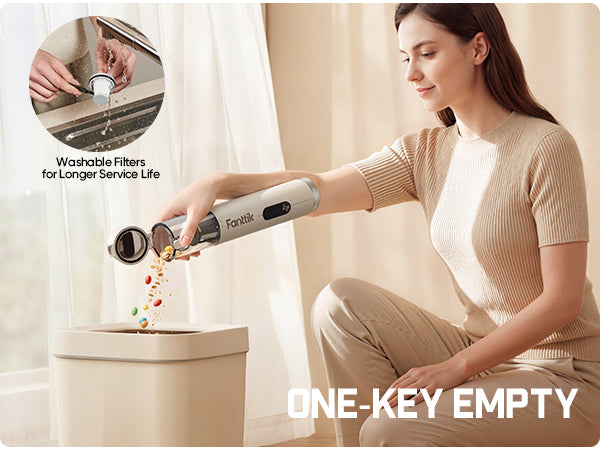 Woman using a Fanttik Slim V10 Ultra Cordless Car Vacuum with text about washable filters and one-key empty feature.