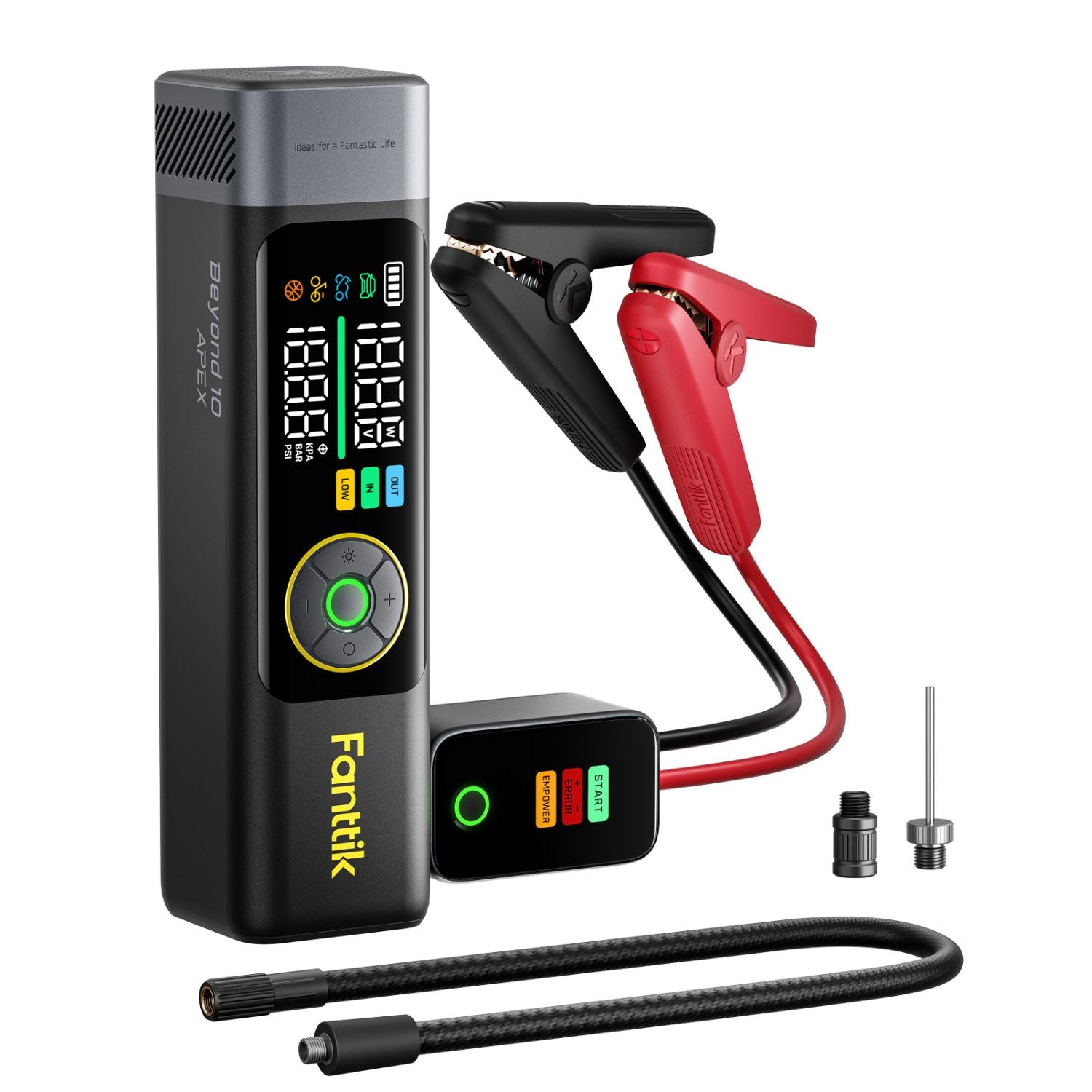 A Fanttik portable Beyond 10 Apex 1800 Amp Jump Starter shown on a clean white background. The main unit is a tall black rectangular device with a digital LCD screen, green and yellow display elements, and a green circular button.