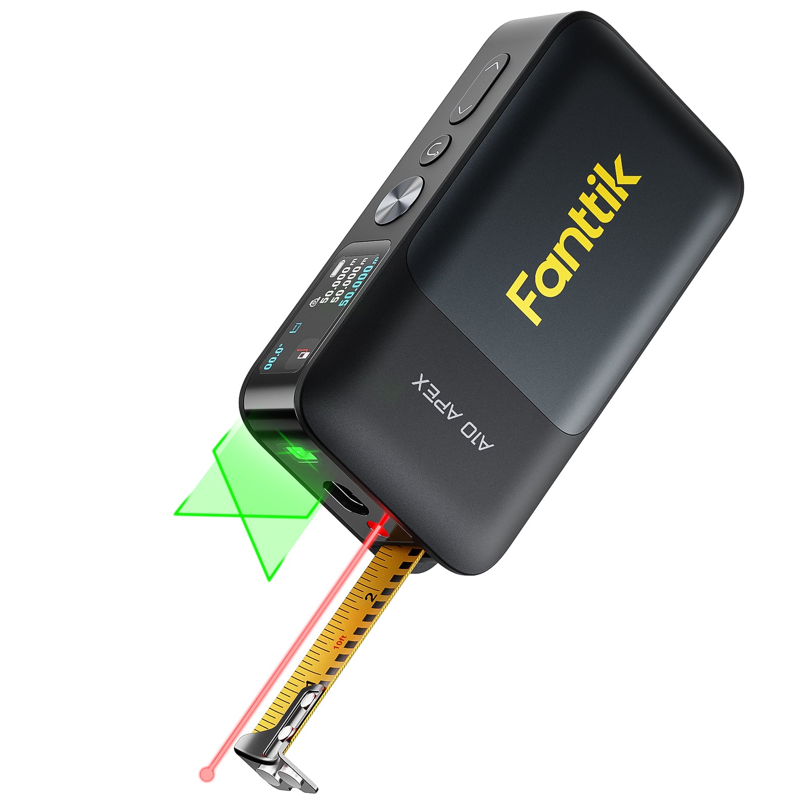 Fanttik A10 Apex 3-in-1 laser distance meter with digital tape and green cross-line laser.