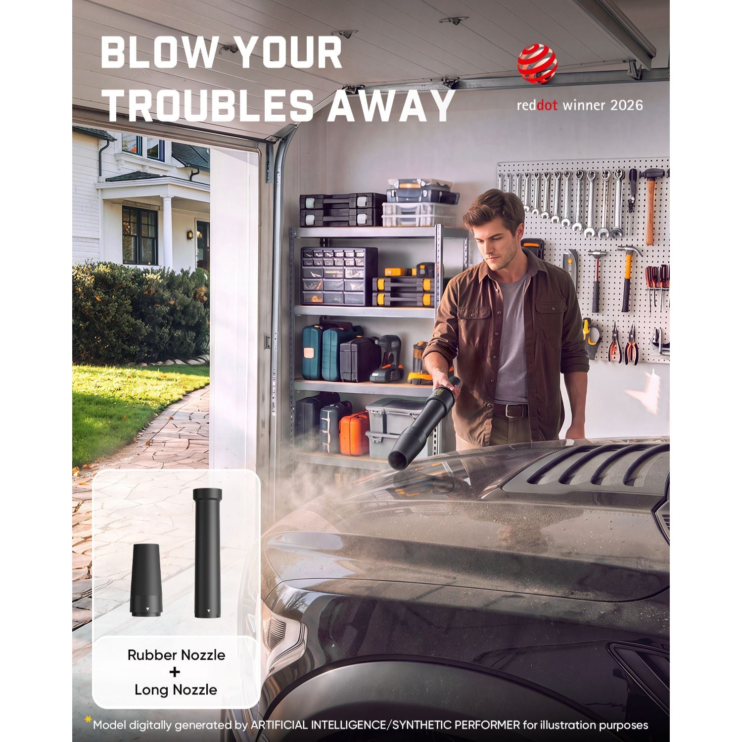 A man in a garage uses a Leaf Blower on a car hood, with large text reading 'BLOW YOUR TROUBLES AWAY' and a small inset showing the rubber nozzle and long nozzle options. The image includes a Red Dot Winner 2026 badge.