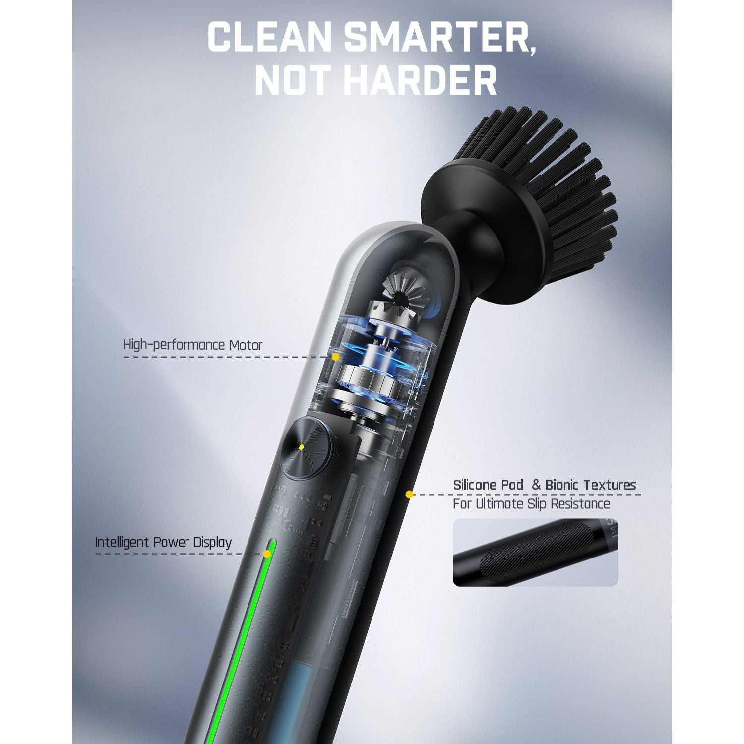 Fanttik G9 Nano Electric Spin Scrubber with internal motor and power display, featuring slip-resistant handle texture.