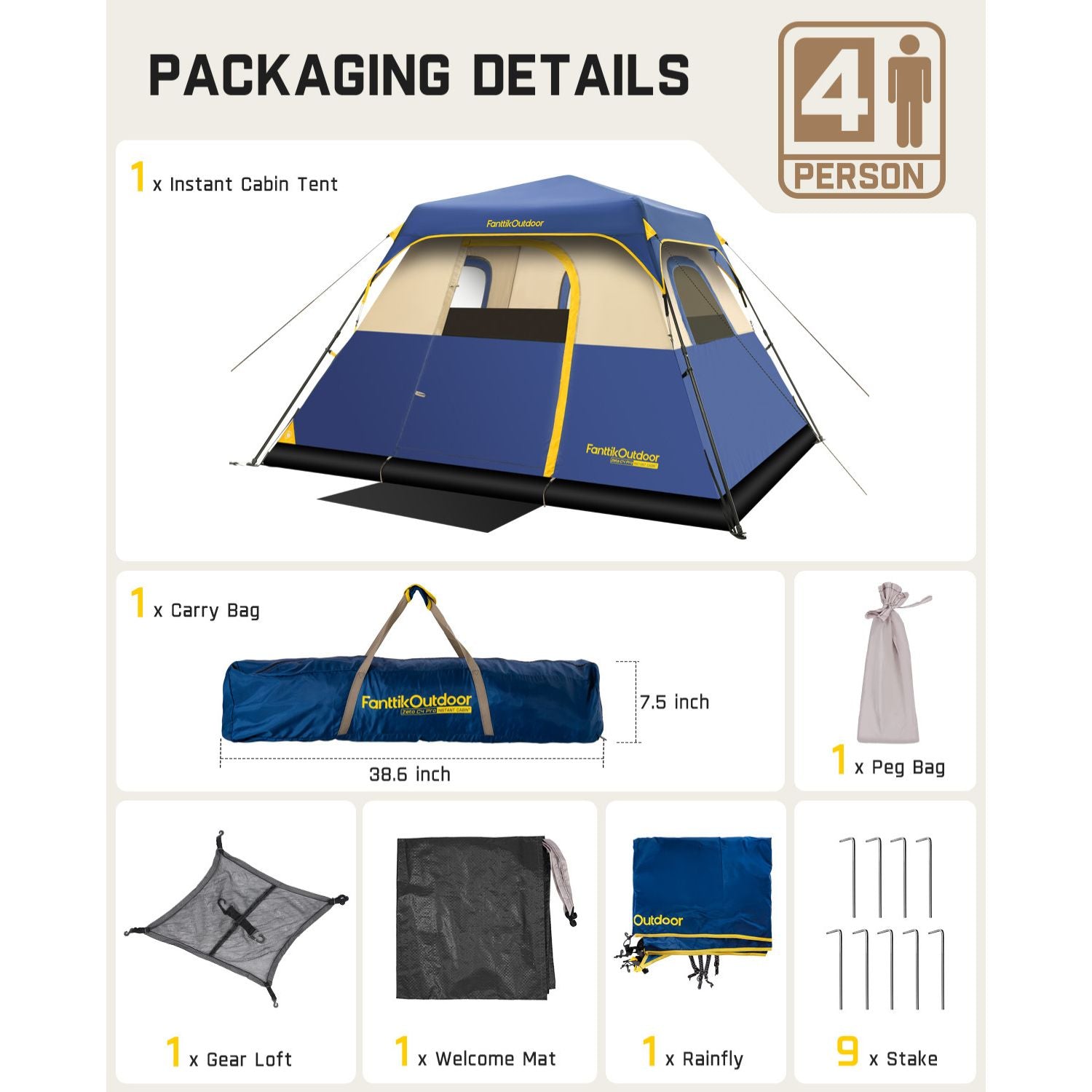FanttikOutdoor Zeta C4 Pro Camping Tent 4 Person Instant Cabin Tent Setup in 60 Seconds with Rainfly & Windproof Portable Tent with Carry Bag for Family Camping & Hiking