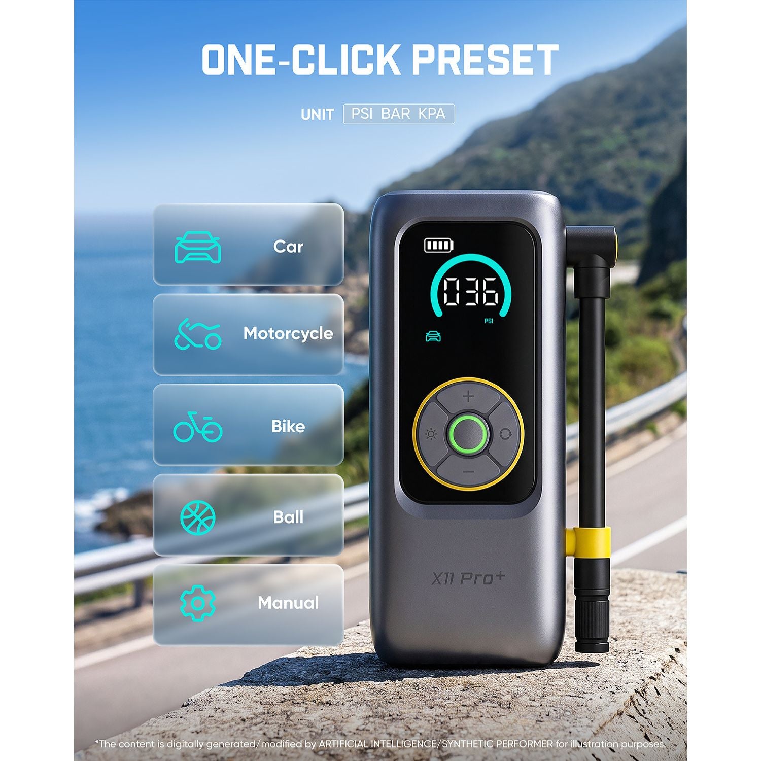 A digital car tire pressure monitor and pump set shown on a coastal road with a mountain background. The device has a gray body, a black front display with cyan and yellow accents, and a black pump tube with a yellow band.