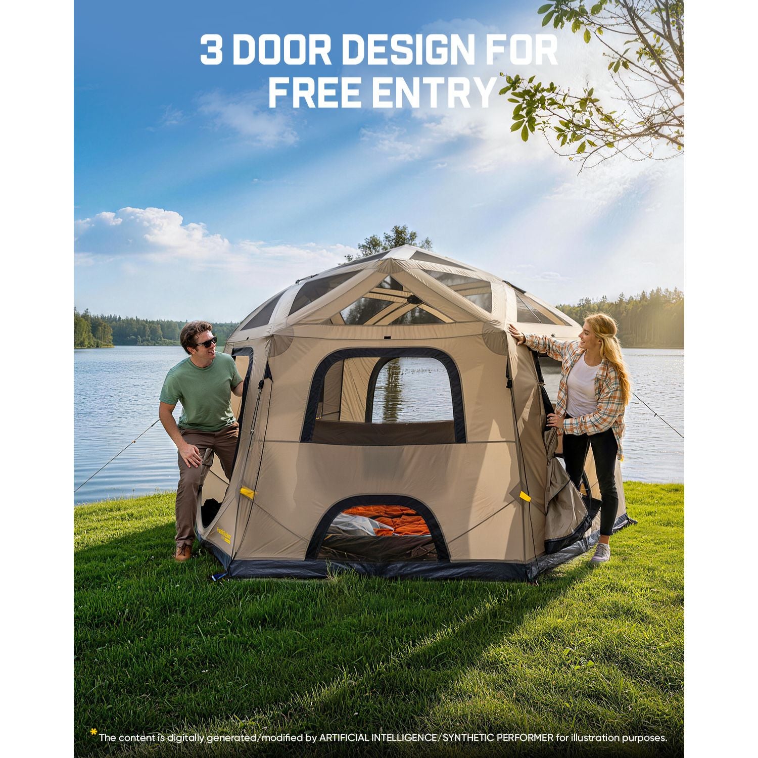 A beige and black geodesic-style camping tent is pitched on a grassy lakeside lawn with two people standing beside it. Large text at the top reads '3 DOOR DESIGN FOR FREE ENTRY.