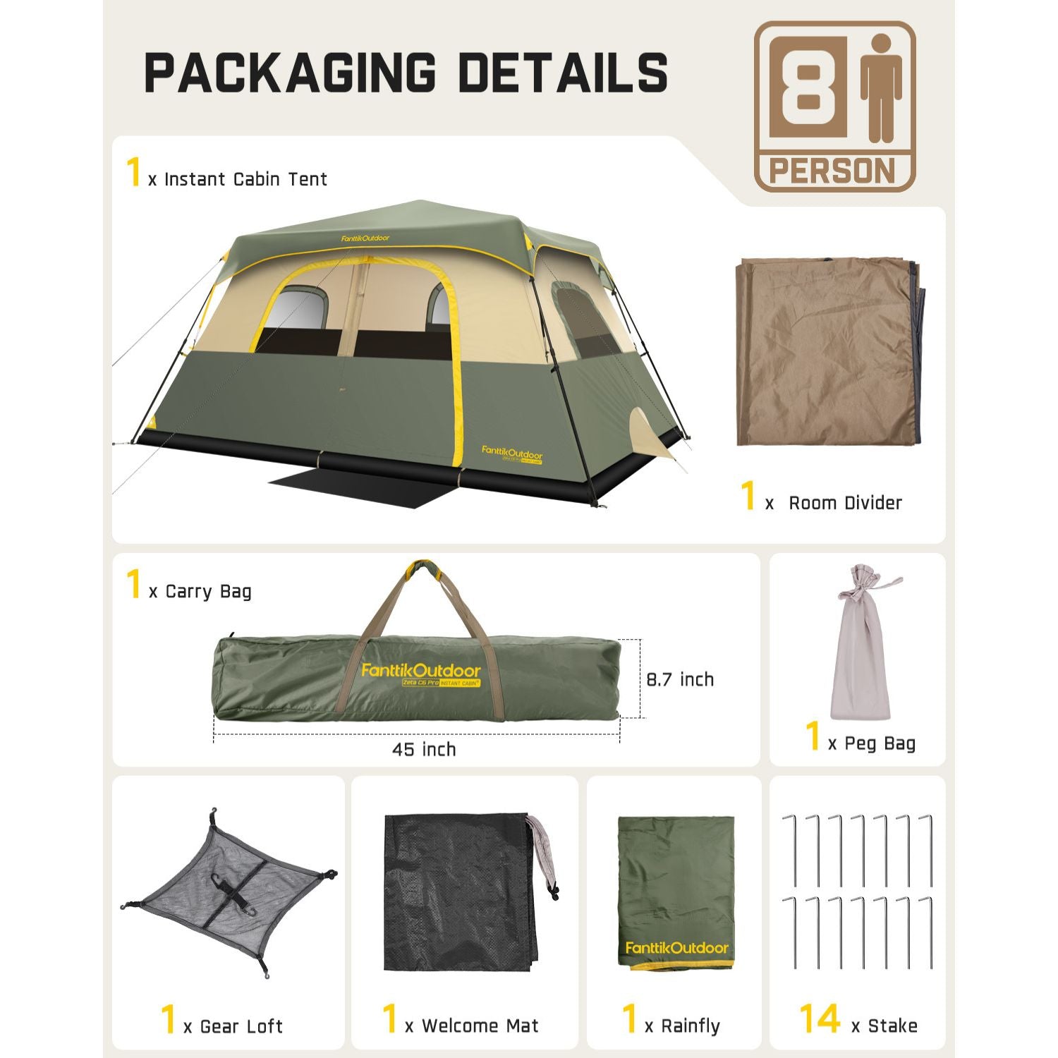 FanttikOutdoor Zeta C8 Pro Camping Tent 8 Person Instant Cabin Tent Setup in 60 Seconds with Rainfly & Windproof Portable Tent with Carry Bag for Family Camping & Hiking