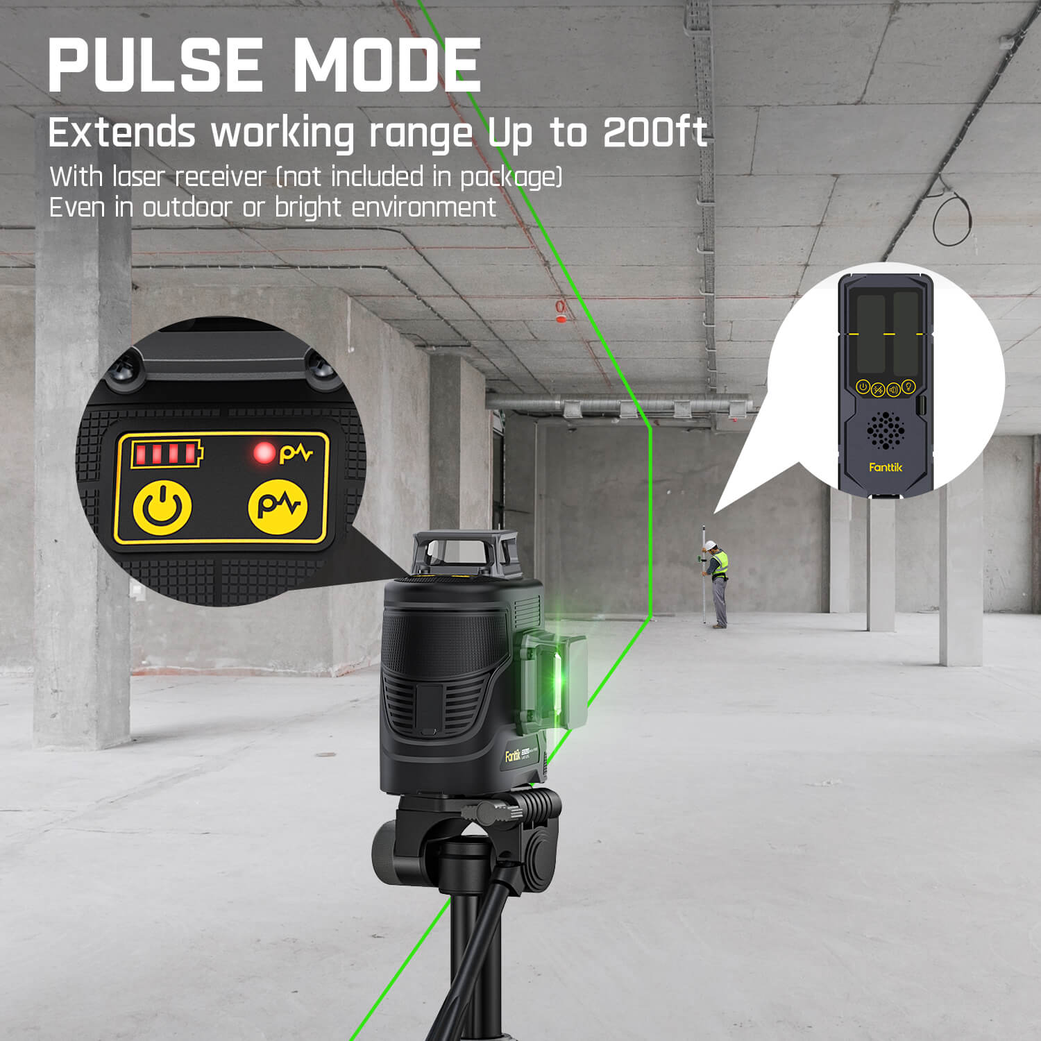 Fanttik D12 PLUS Laser Level 3×360°, Self-leveling Green Cross Line, 12 Lines for Construction and Picture Hanging, 5200mAh Battery Rechargeable, 200ft Outdoor Pulse Mode, Class II (<1 mW max output)