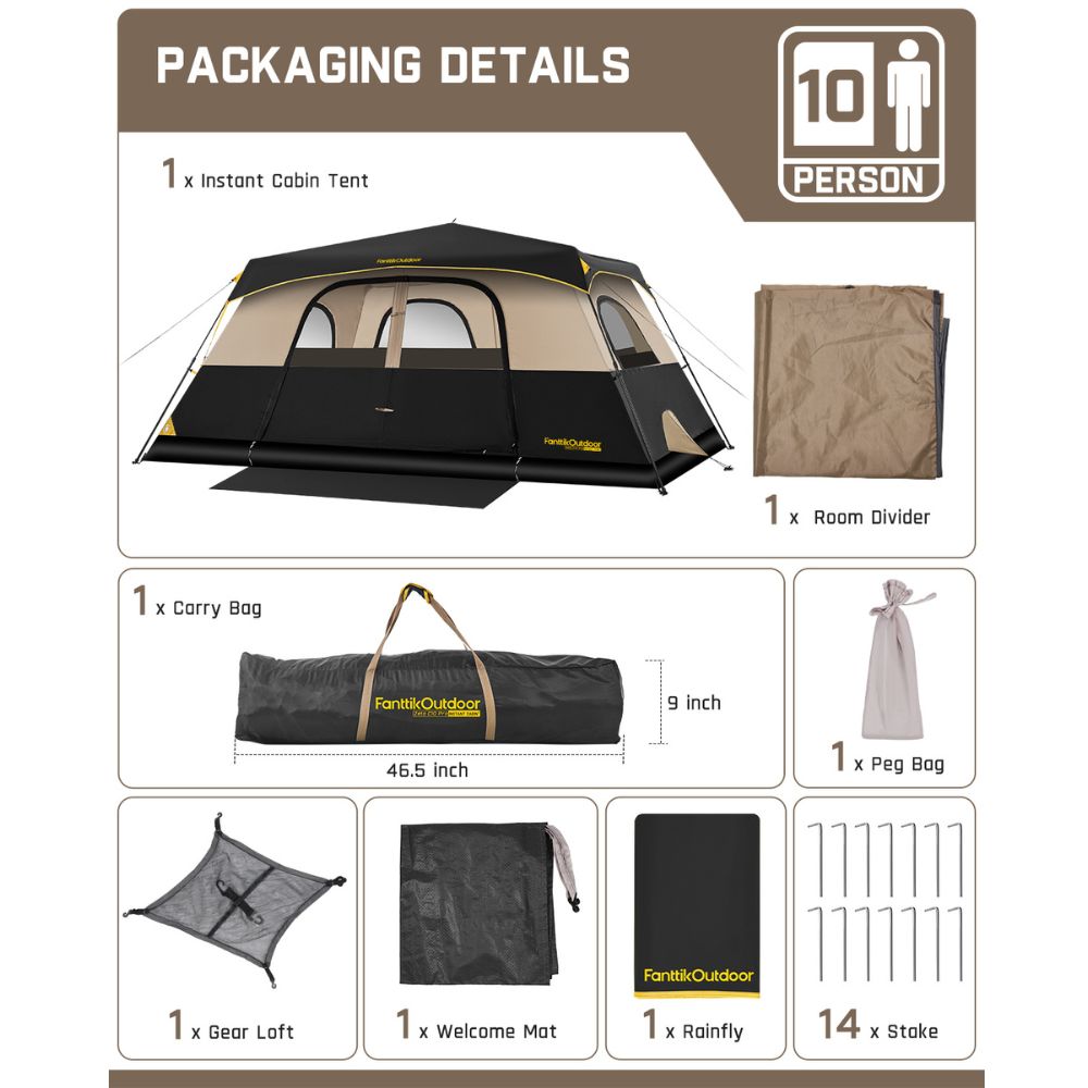 FanttikOutdoor Zeta C10 Pro Instant Cabin Tent 10 Person Camping Tent Setup in 60 Seconds with Rainfly & Windproof Tent with Carry Bag for Family Camping & Hiking, Upgraded Ventilation