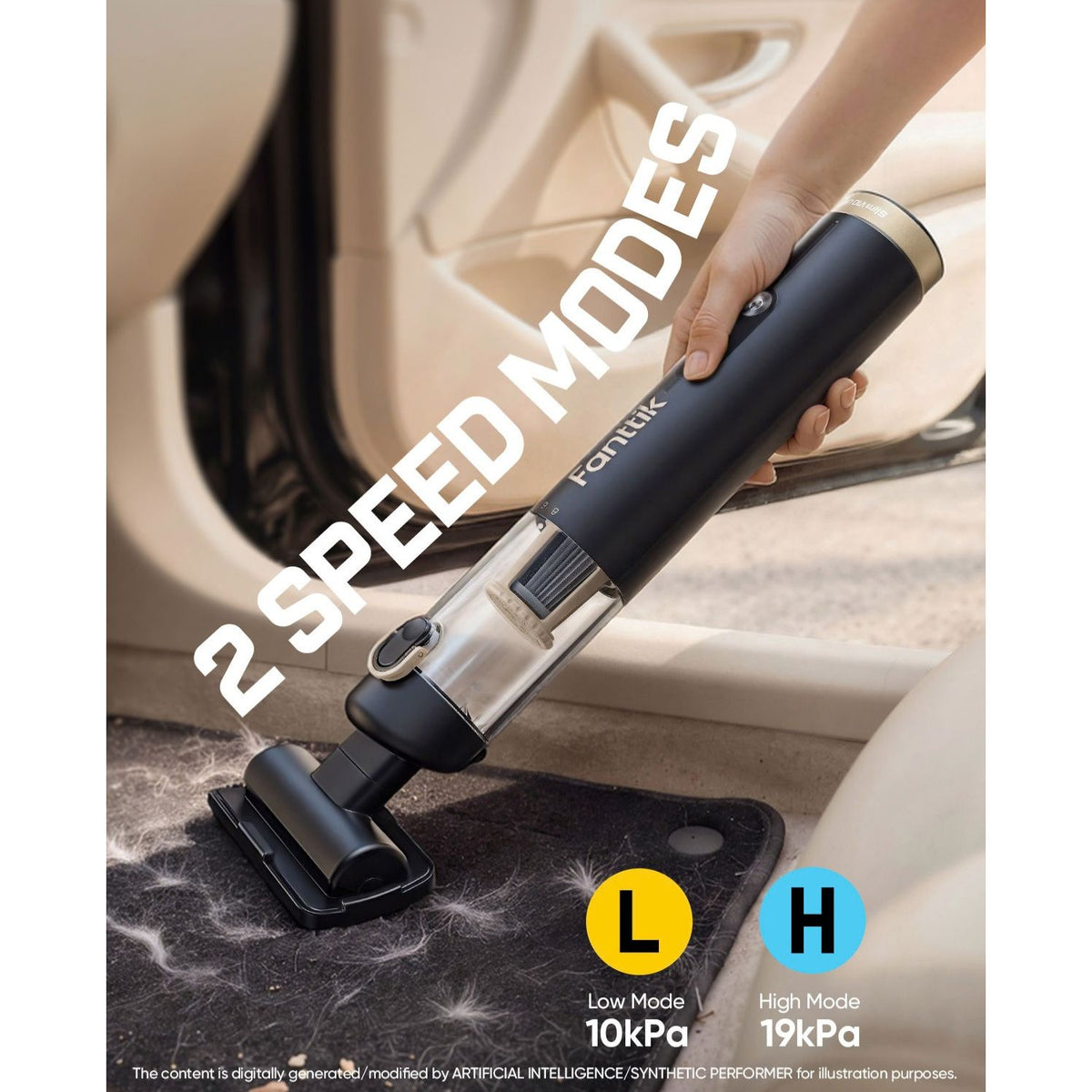 Handheld vacuum cleaner being used to clean a car floor with '2 Speed Modes' text displayed.