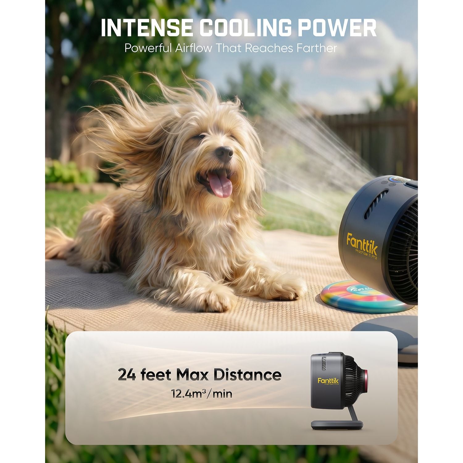 Dog enjoying a cool breeze from a Fanttik MistFlow 11 Pro Cordless Misting Fan in an outdoor setting