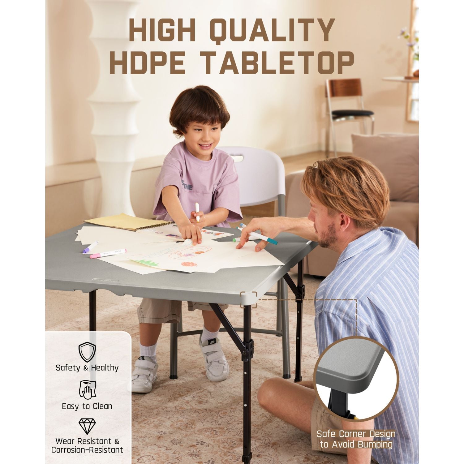 FanttikOutdoor 34" Square Folding Card Table, Two Heights Adjustable, Max Load 300 lbs, Portable Table with Lock Button, for Indoor/Outdoor, Home, Parties, Picnics, Puzzle