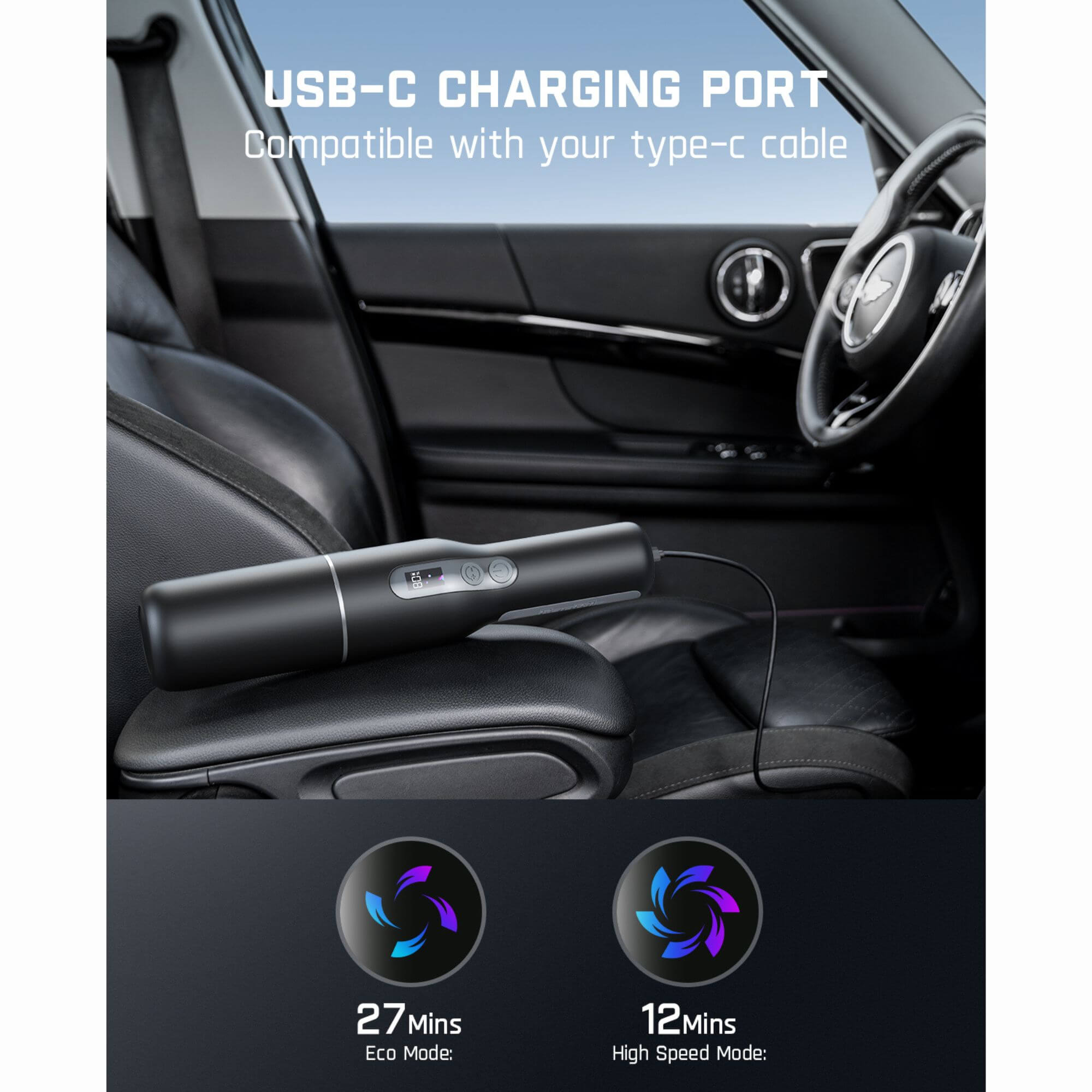 Fanttik V7 pocket cordless car vacuum support USB-C fast charging- Comes with USB-C charging cable with wide compatibility. It can share a charger from a cellphone, enabling you to fully charge it on-the-go (car, plane, travel/camping) at any time.
