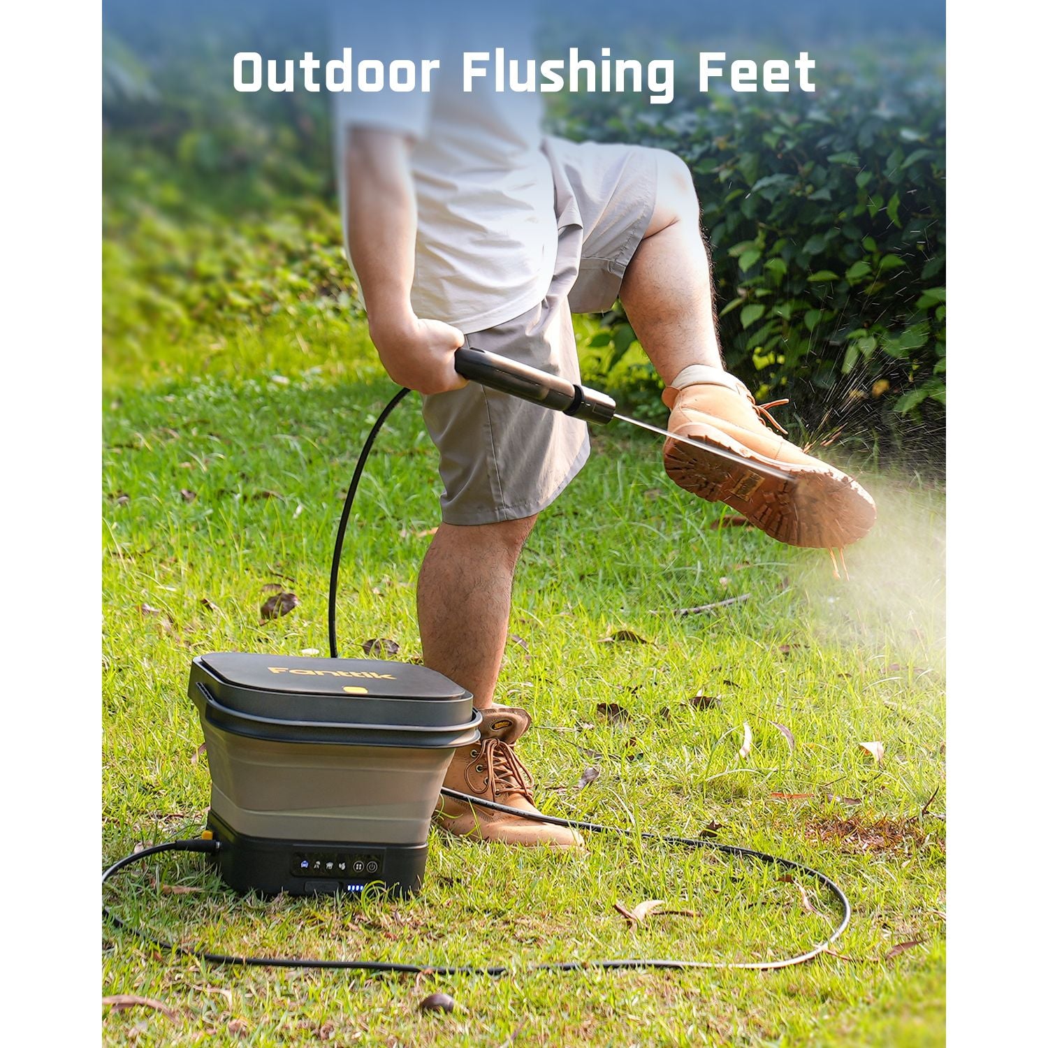 Person using Fanttik NB8 Fold Cordless Pressure Washer to clean boots outdoors with text 'Outdoor Flushing Feet'.