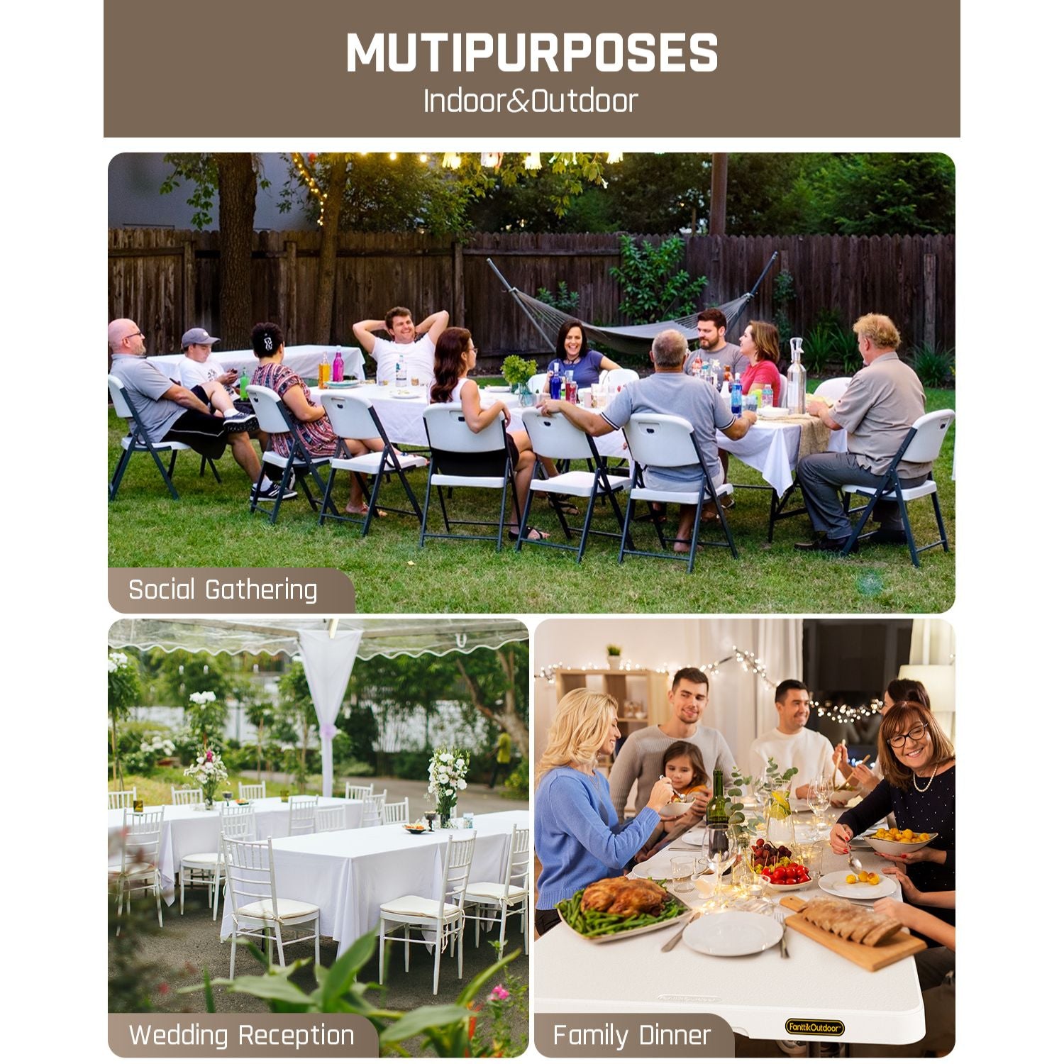 FanttikOutdoor X8 Pro 8ft Folding Table with Six Legs, 500 LBS Heavy Duty Plastic Fold-in-Half Table, Foldable Table w/Handle for Indoor Outdoor Party Wedding Office Camping Banquet