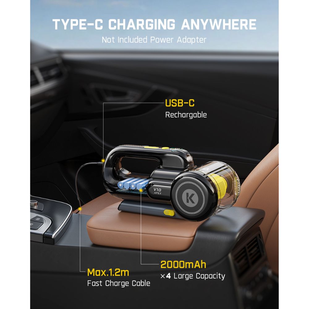 Fanttik V10 Apex Foldable Car Vacuum placed on a car armrest, highlighting USB-C rechargeable, 2000mAh x4 capacity, and Max. 1.2m fast charge cable, Type-C charging