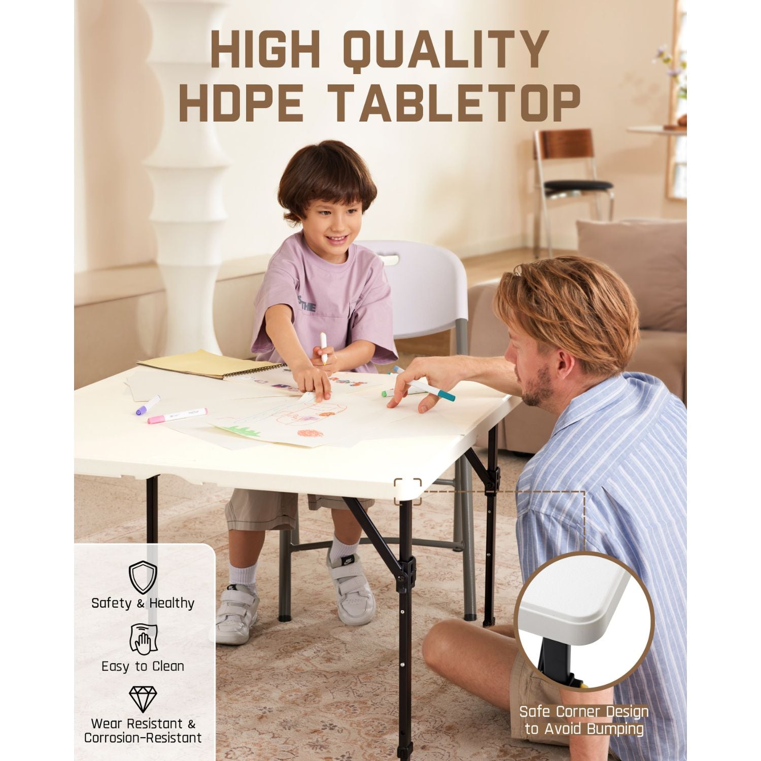 FanttikOutdoor 34" Square Folding Card Table, Two Heights Adjustable, Max Load 300 lbs, Portable Table with Lock Button, for Indoor/Outdoor, Home, Parties, Picnics, Puzzle