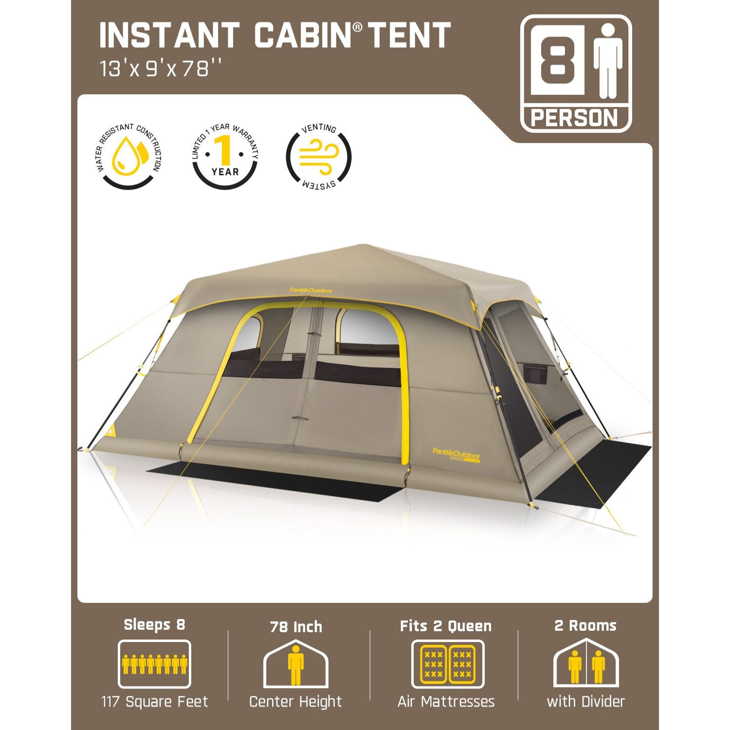 FanttikOutdoor Camping Tent, Lightweight 8 Person Instant Cabin Tent Setup in 60 Seconds with Rainfly & Windproof, Portable with Carry Bag for Family Camping & Hiking, Upgraded Ventilation