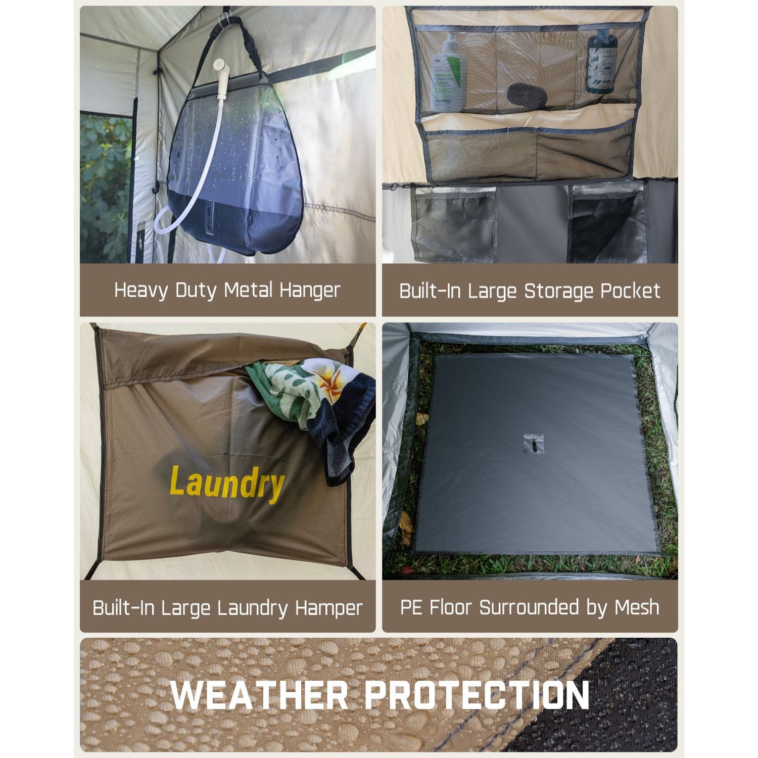 Shower tent features: metal hanger, storage pockets, laundry hamper, PE floor, and weather protection.