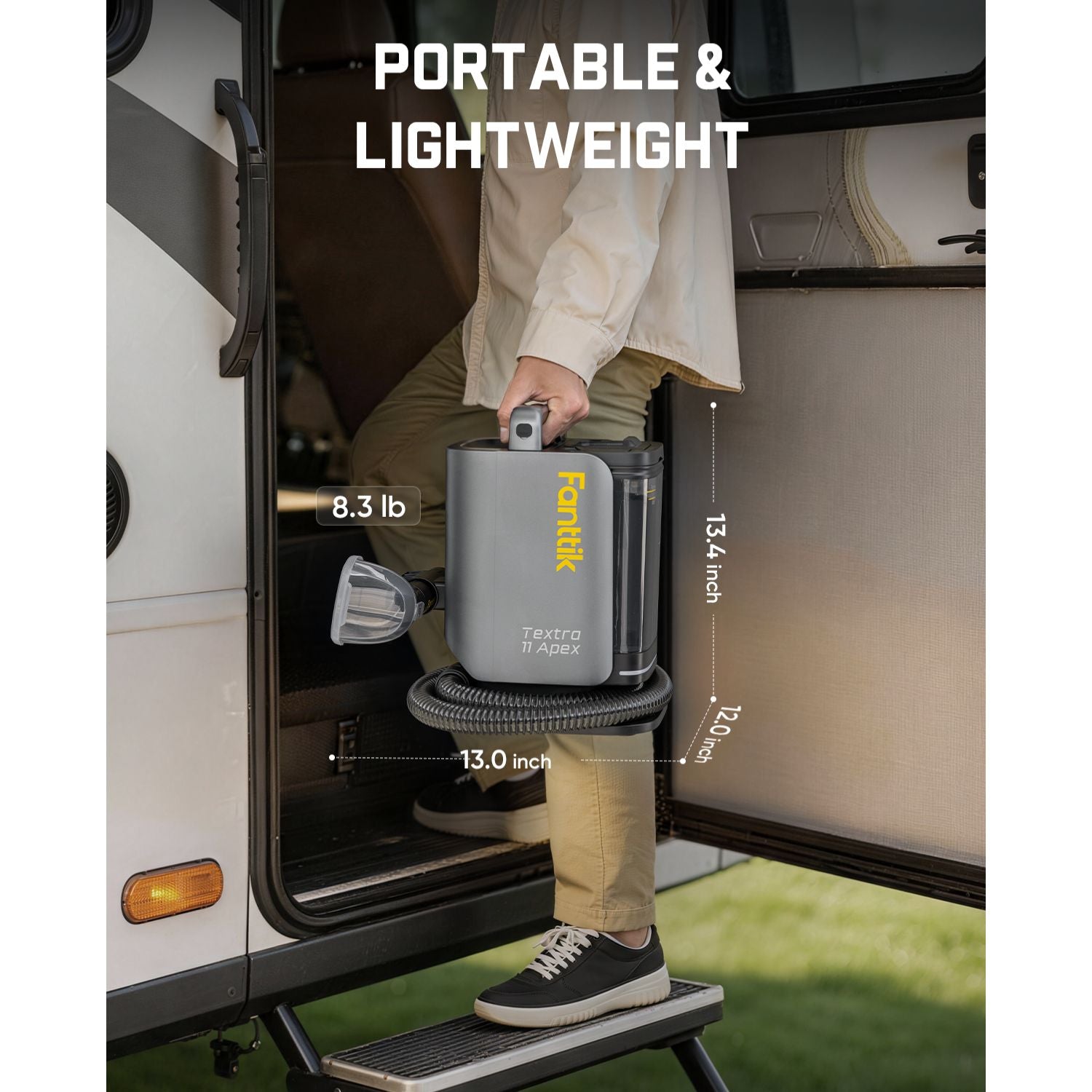Person holding a Fanttik Cordless Carpet and Upholstery Cleaner with text indicating 'Portable & Lightweight' and dimensions.