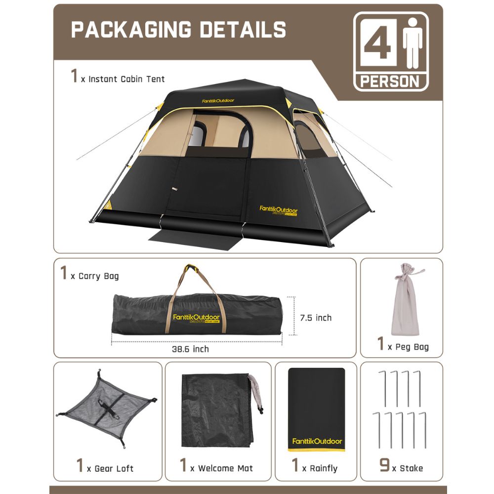 FanttikOutdoor Zeta C4 Pro 4 Person Camping Tent packaging details showing the instant cabin tent, carry bag, peg bag, gear loft, welcome mat, rainfly, and nine stakes.