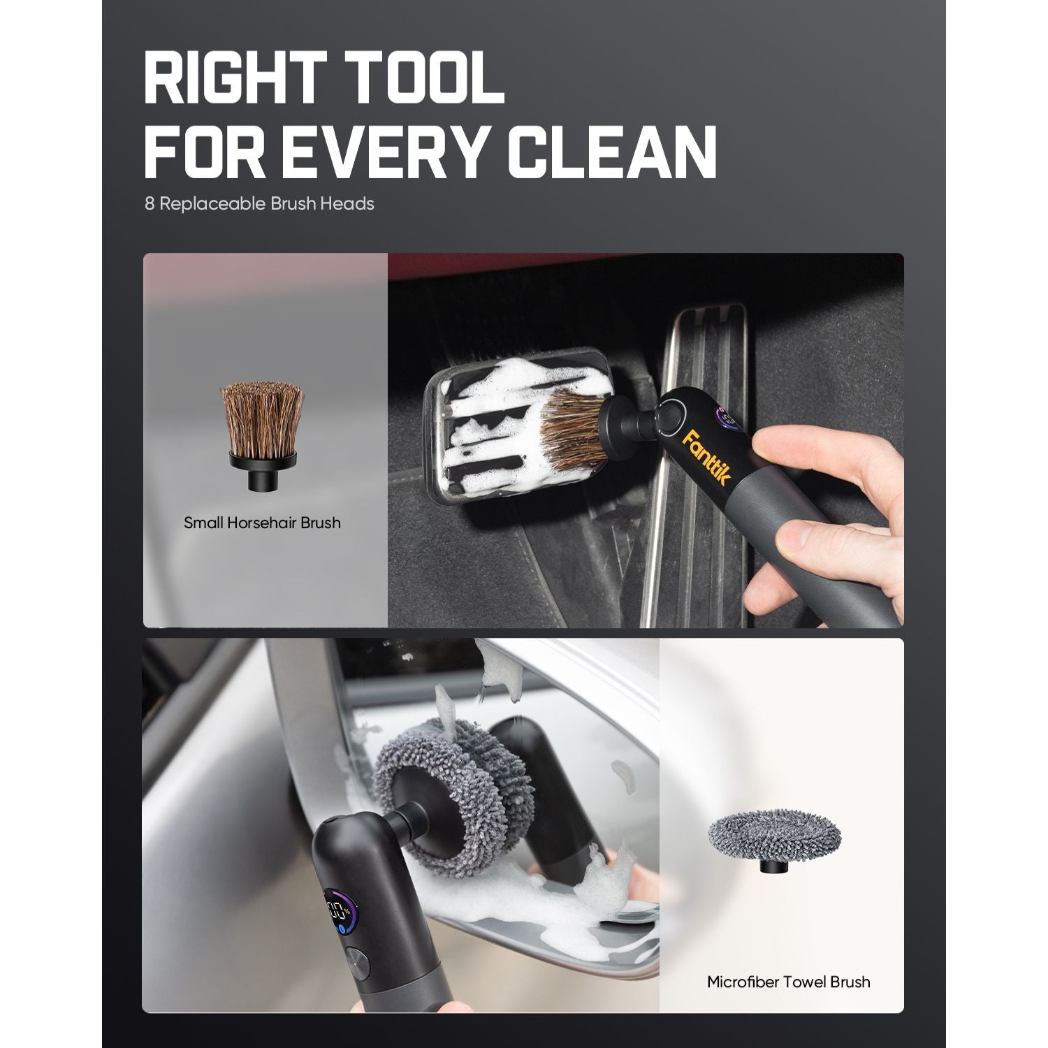 Fanttik Flip G10 Nano AutoCare Cordless Electric Scrubber, Dual-Speed with 8 Brush Heads, Adjustable Angle & Smart Display, IPX7 Waterproof for Deep Car Cleaning