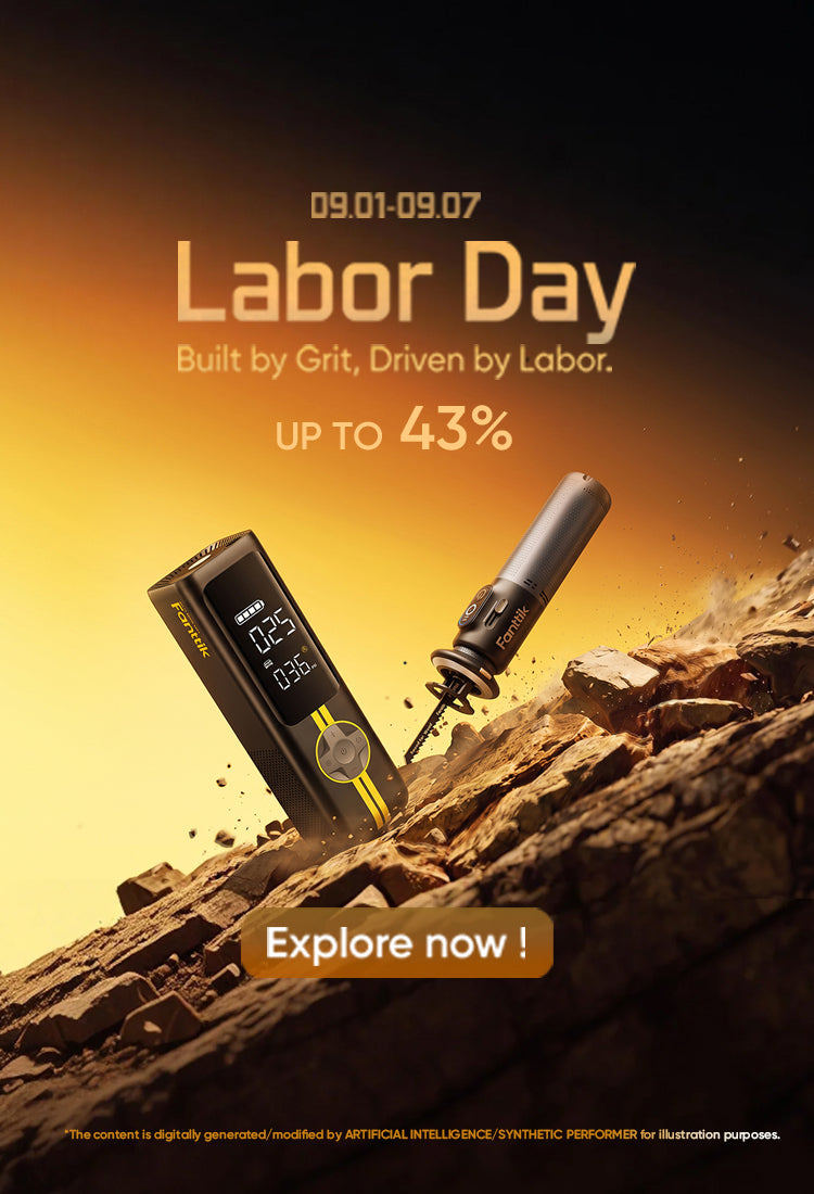 A promotional banner for a reciprocating saw and a car tire inflator set against a rocky, dusty background with a warm yellow-to-orange gradient. Text on the left reads 'Labor Day' with additional promotional copy and an 'Explore now' button.
