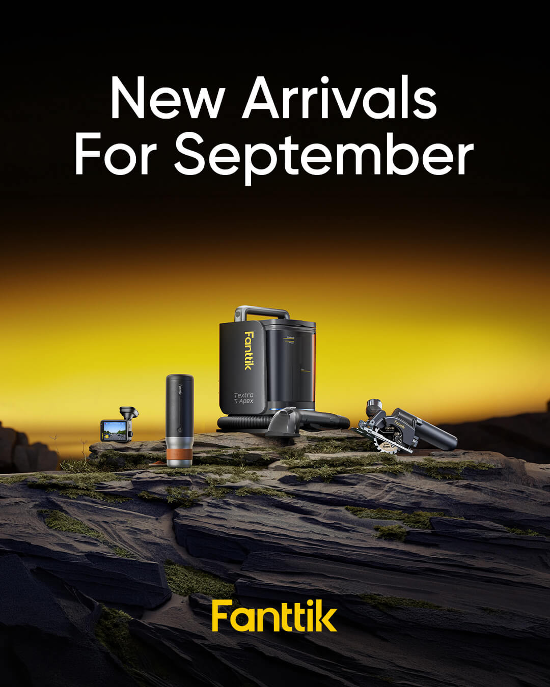 Fanttik's promotional banner for its September new products features four items: a dashcam, a fabric cleaner, a portable coffee mug, and a circular saw. It also includes an "EXPLORE NOW" CTA button.