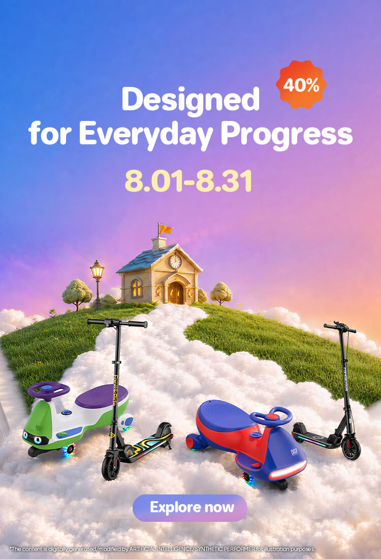 Promotional banner featuring three children's ride-on toys and two electric kick scooters with an 'Explore now' button. Click to jump to the product promotion page.