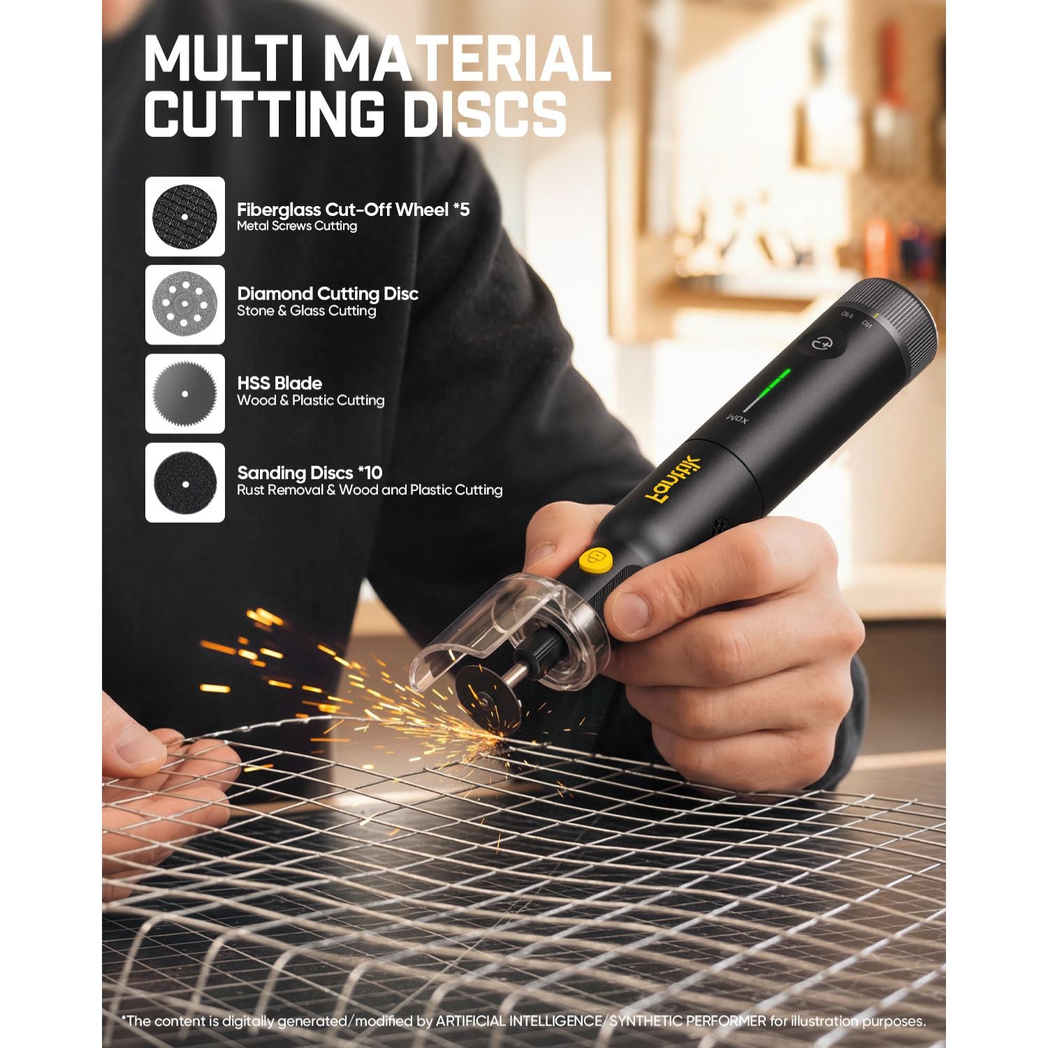 A person using a black handheld rotary cutting tool with a clear dust collector attachment to cut a metal grid, with sparks flying. The image includes a text panel on the left listing multi-material cutting discs including fiberglass, diamond, HSS blade, and sanding discs.