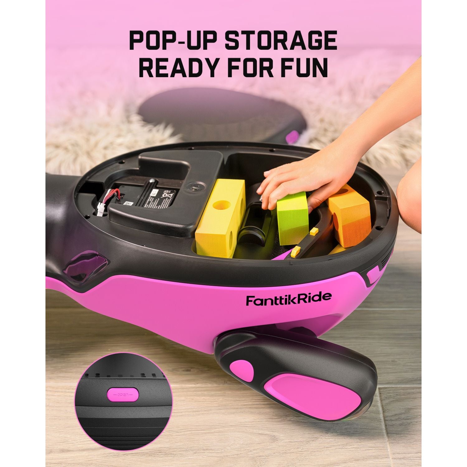 FanttikRide N10 Classic pink wiggle car open storage with colorful blocks and battery.