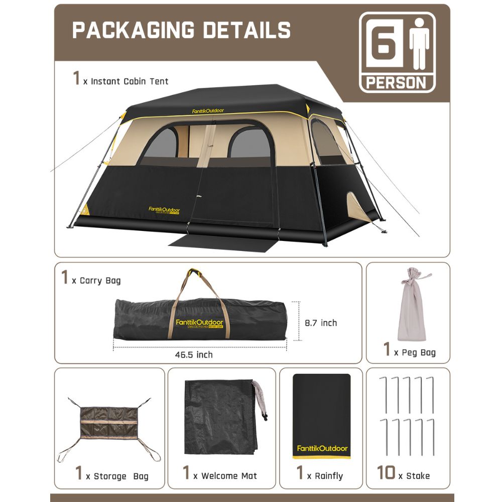 FanttikOutdoor Zeta C6 Pro Max Instant Cabin Tent 6 Person Camping Tent Setup in 60 Seconds with Rainfly & Windproof Tent with Carry Bag for Family Camping & Hiking, Upgraded Tent