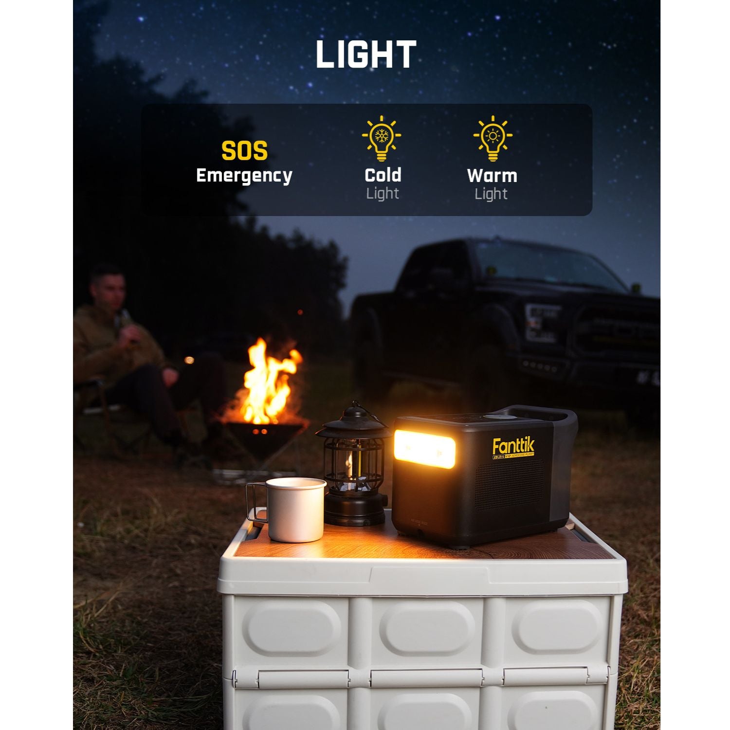 Fanttik X9 Ultra™ Portable Tire Inflator on a table with illuminated light modes for SOS Emergency, Cold Light, and Warm Light near a campfire and pickup truck during a nighttime camping scene