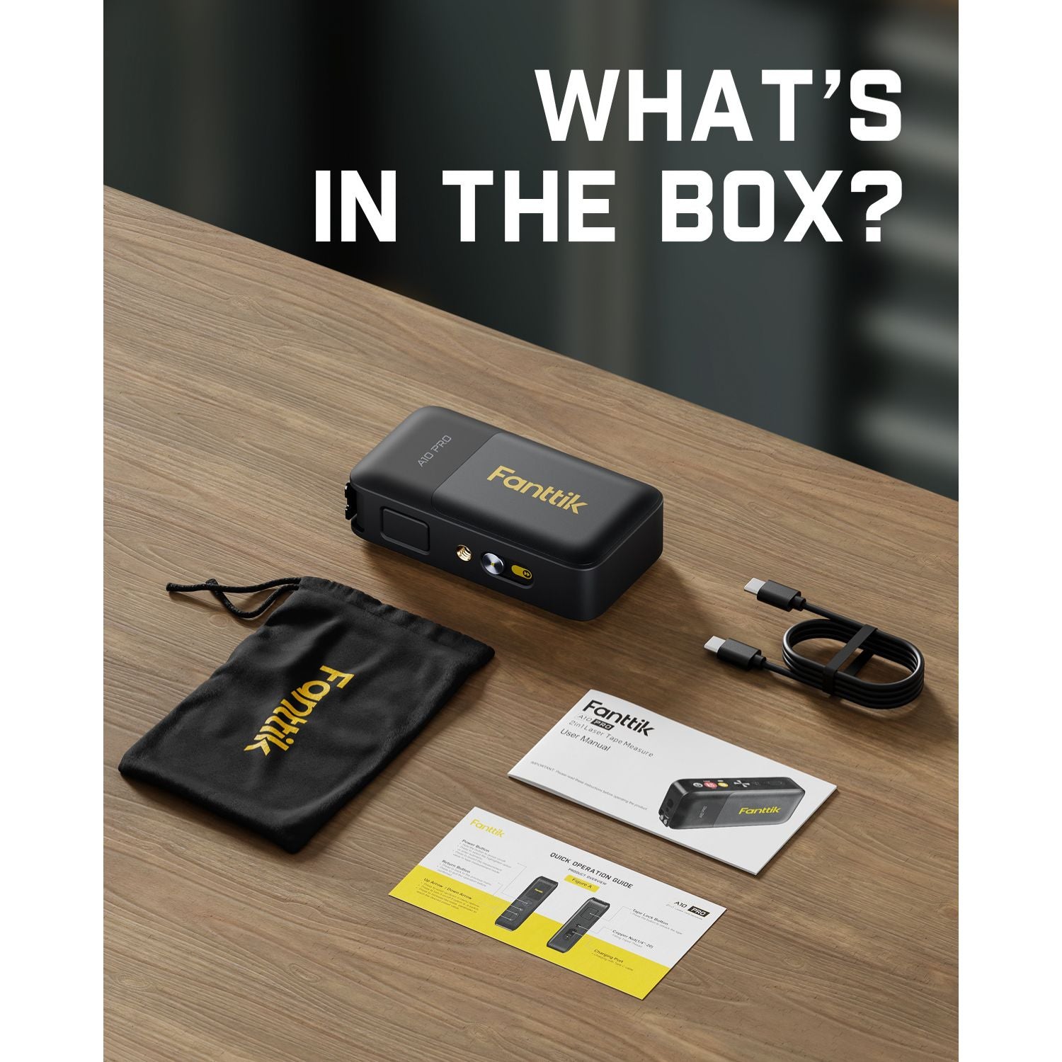 Fanttik A10 Pro 2-in-1 laser distance meter, carrying pouch, user manual, quick guide, and USB-C cable.