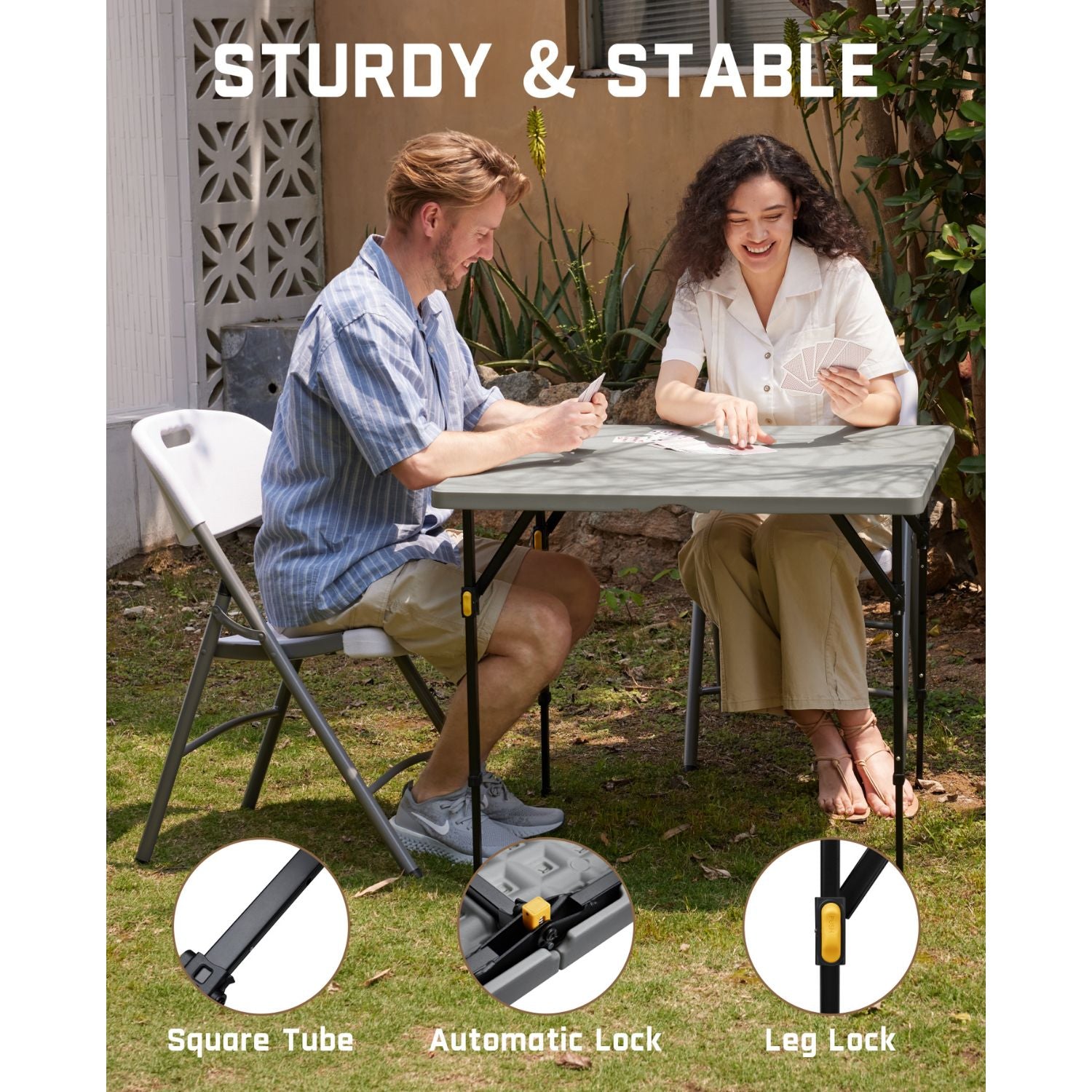 FanttikOutdoor 34" Square Folding Card Table, Two Heights Adjustable, Max Load 300 lbs, Portable Table with Lock Button, for Indoor/Outdoor, Home, Parties, Picnics, Puzzle