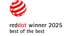 Reddot Winner 2025 badge with a red striped sphere logo and the text 'reddot winner 2025 best of the best' on a white background.
