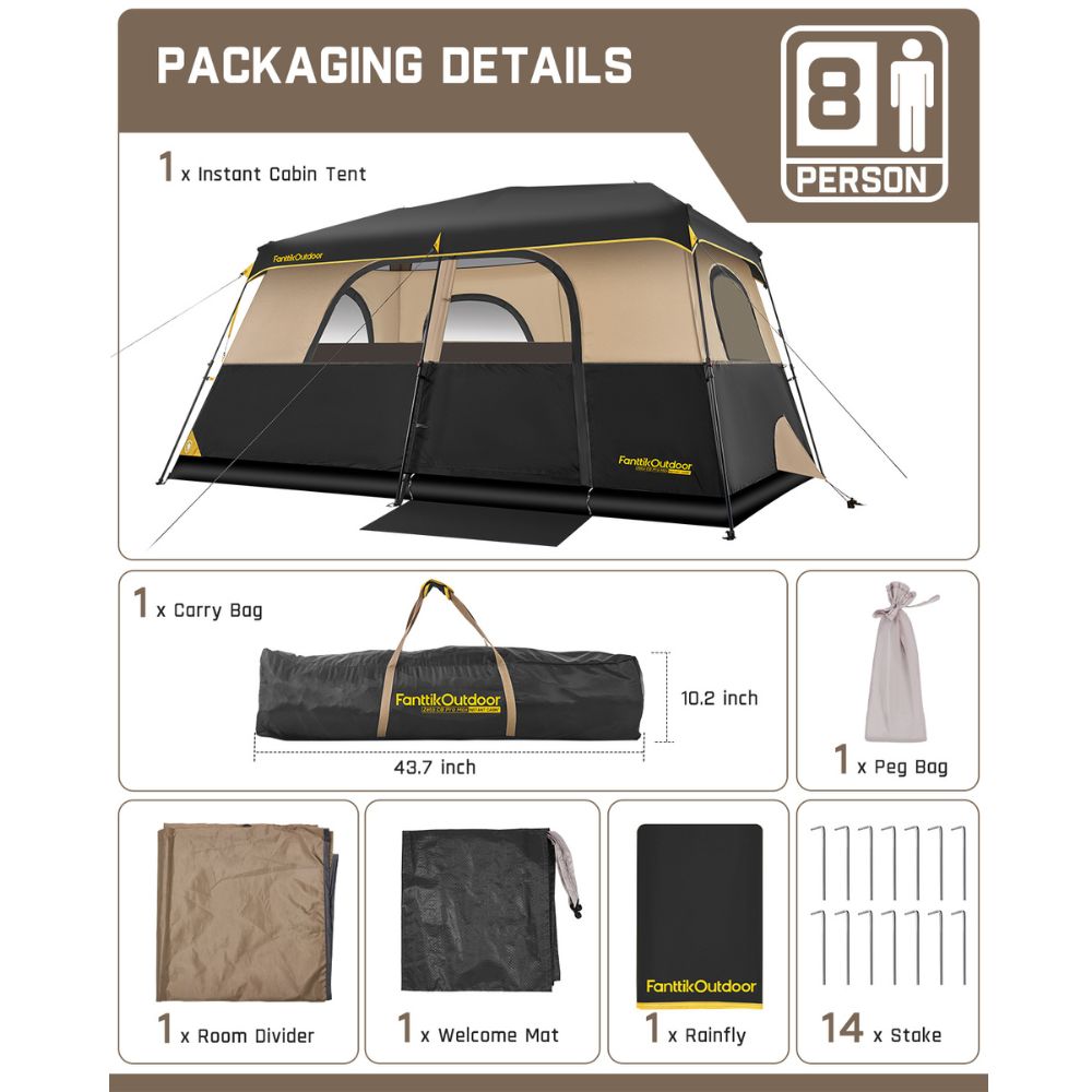 FanttikOutdoor Zeta C8 Pro Max Instant Cabin Tent 8 Person Camping Tent Setup in 60 Seconds with Rainfly & Windproof Tent with Carry Bag for Family Camping & Hiking, Upgraded Tent