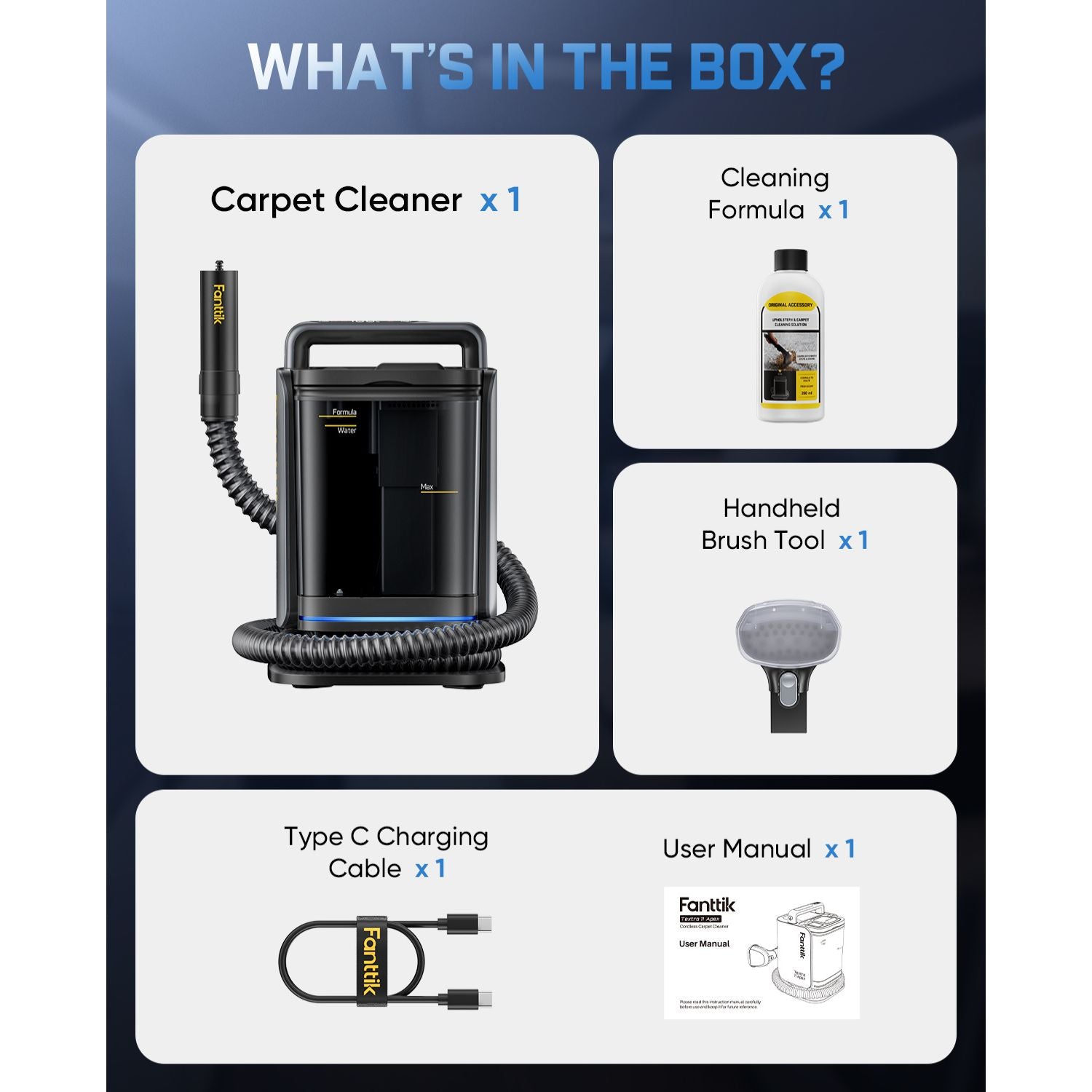 Fanttik carpet cleaning system with components listed on a blue and white background