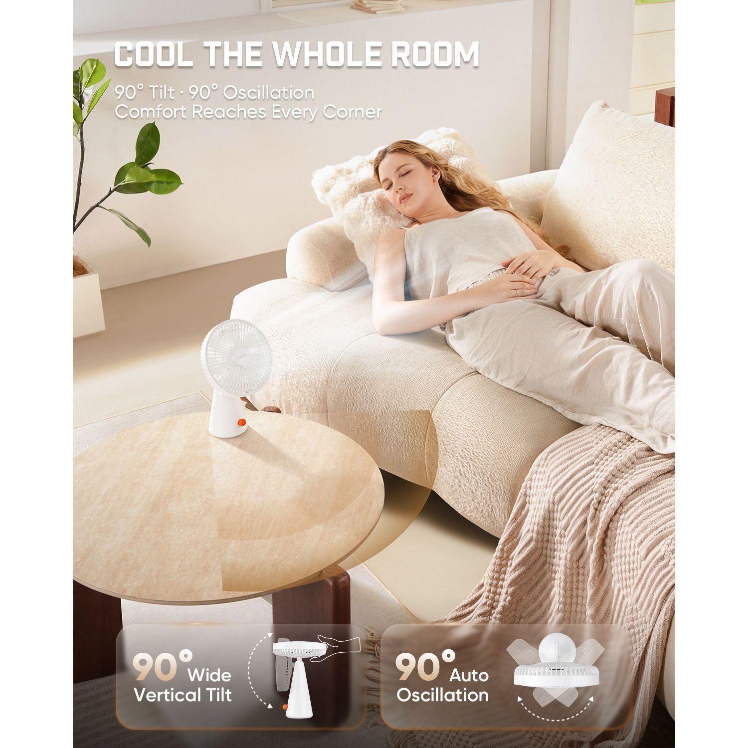 A woman relaxes on a cream-colored sectional sofa while wearing a white cooling fan on a round wooden side table next to her. The image features promotional text highlighting the fan's 90-degree tilt and oscillation features, set in a bright, modern living room.