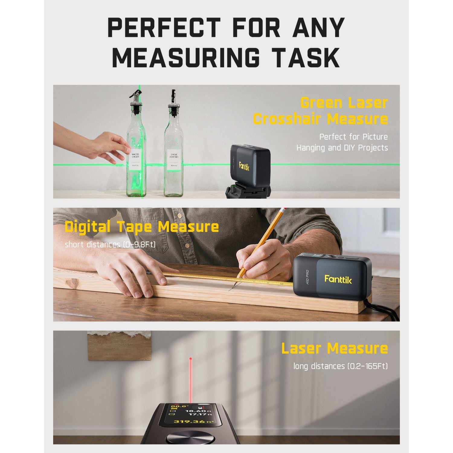 Fanttik A10 Apex 3-in-1: green crosshair laser, 9.8ft digital tape, 165ft laser measure.